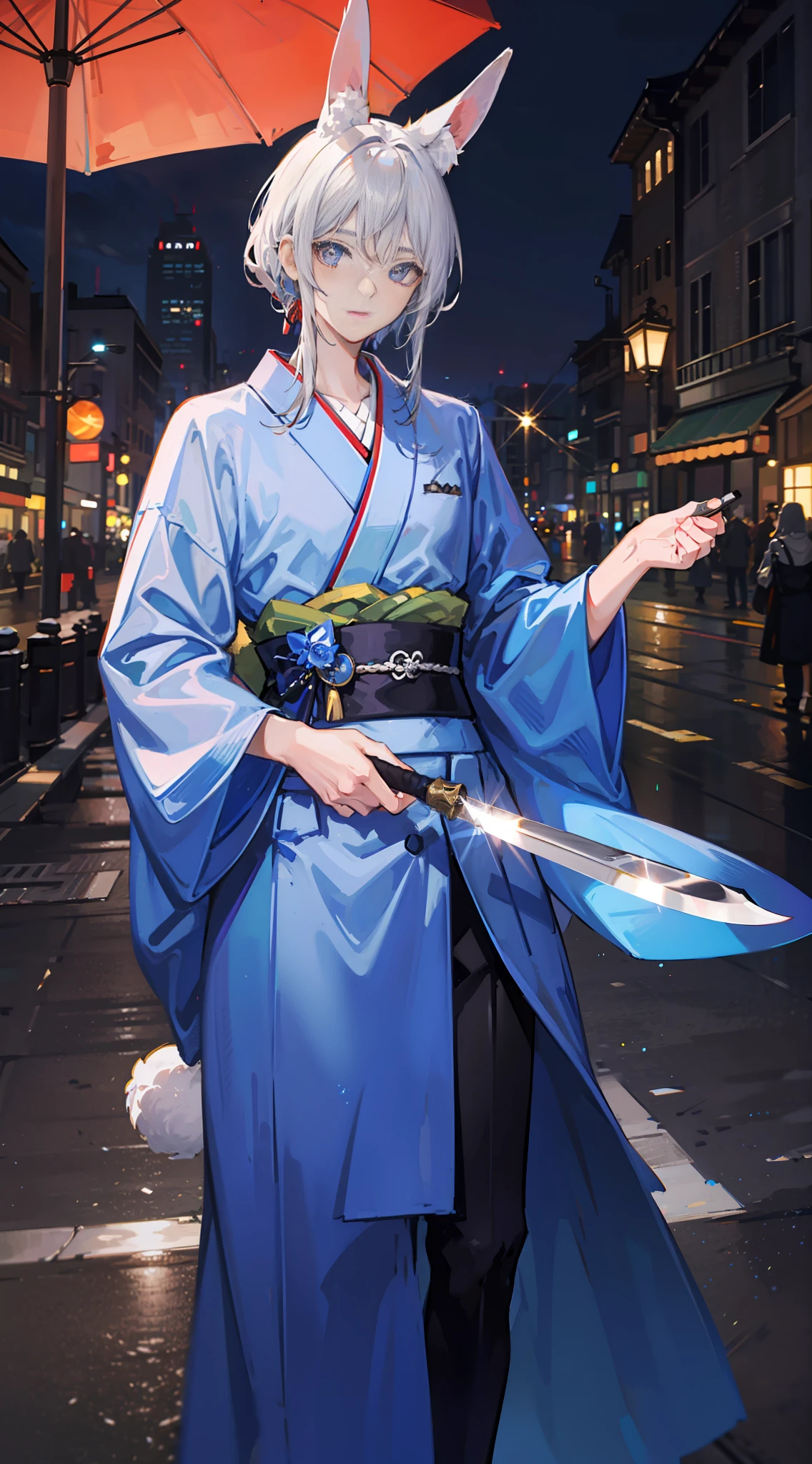 Anime character dressed in blue kimono with umbrella on city street ...