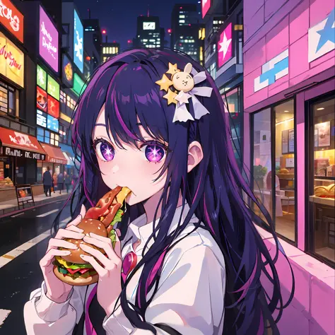 hoshino ai, long hair, purple hair, streaked hair ,purple eyes, star-shaped pupils, hair ornament, (eating a hamburger at a hamb...