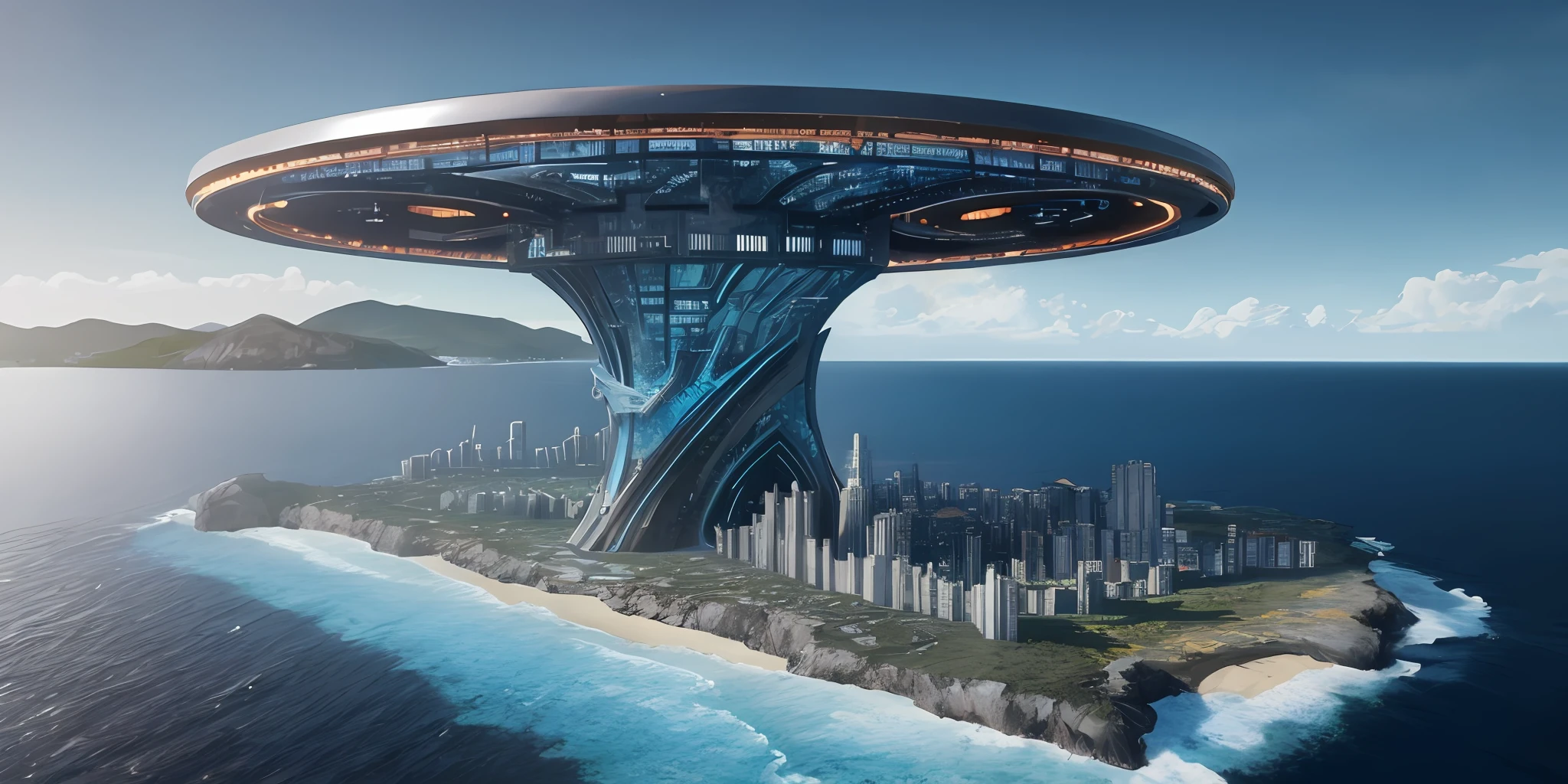 Tech architecture on the ocean ring-shaped island, cyberpunk, utopia, big scene, hyperrealism, ultra-detailed, 8k, painted in Greg Rutkowski style