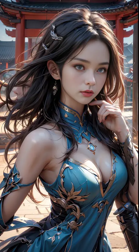 Best quality,masterpiece,ultra high res,(photorealistic:1.4),xiuxian,weapon,Detailed face,.1girl,solo,weapon,cleavage,(magic circle:1.2),xiuxian,upper body,Beautiful girl,full body,east asian architecture,sheath,architecture  .
