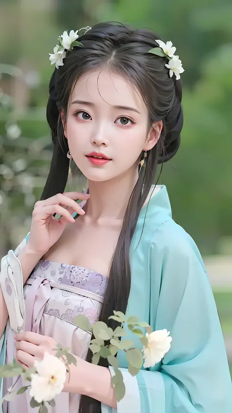 a close up of a woman in a blue dress holding a flower, Palace ， a girl in hanfu, gorgeous chinese model, traditional beauty, an...