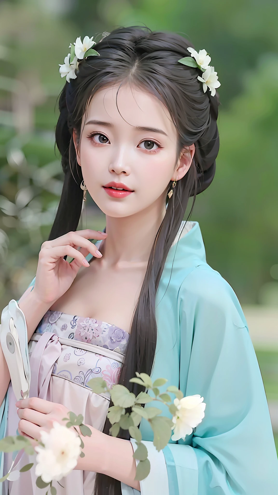 一个穿着蓝色连衣裙的女人拿着一朵花的特写, 宮 ， 一個穿著漢服的女孩, 漂亮的中国模特, 传统美, 中國古代美女, 可爱精致的脸, 中國女孩, 中式, 阮嘉美丽!, 穿着中国古代的衣服, 唐朝精美渲染圖, 穿着古代中国服饰, 極其美麗的臉, 非常美麗的臉