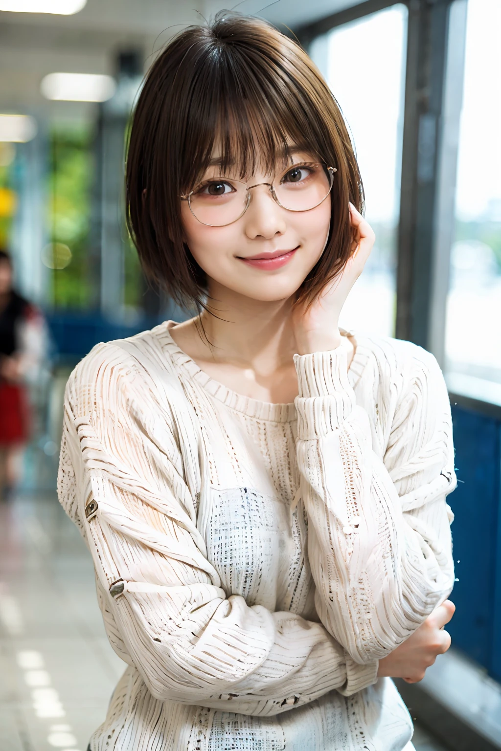 Fille japonaise en tenue décontractée dans un centre commercial, Regarder le spectateur, posing with a sourire (la plus haute qualité, chef-d&#39;œuvre))), haute résolution, très détaillé, chef-d&#39;œuvre, Éclairage cinématographique, (8k, la plus haute qualité, chef-d&#39;œuvre: 1.2), (Réaliste, photoRéaliste: 1.37) Haute résolution, Super détail, 1 fille, Femme à lunettes, Lunettes rondes à monture fine, Lunettes de soleil de couleur claire, asiatique, Mignon, Mignon face, seulement, Cheveux courts 1.2, peau texturée, beautiful sourire, Beau ciel détaillé, éclairage de cinéma, profondeur de champ, Lumière parasite, Séance, Datation, (rougir), (sourire: 1.15), Petits seins (Bouche fermée), des yeux avec de beaux détails, (pull bleu clair: 1.1), (Cheveux courts: 1.2), cheveux flottants style grenouille nova,