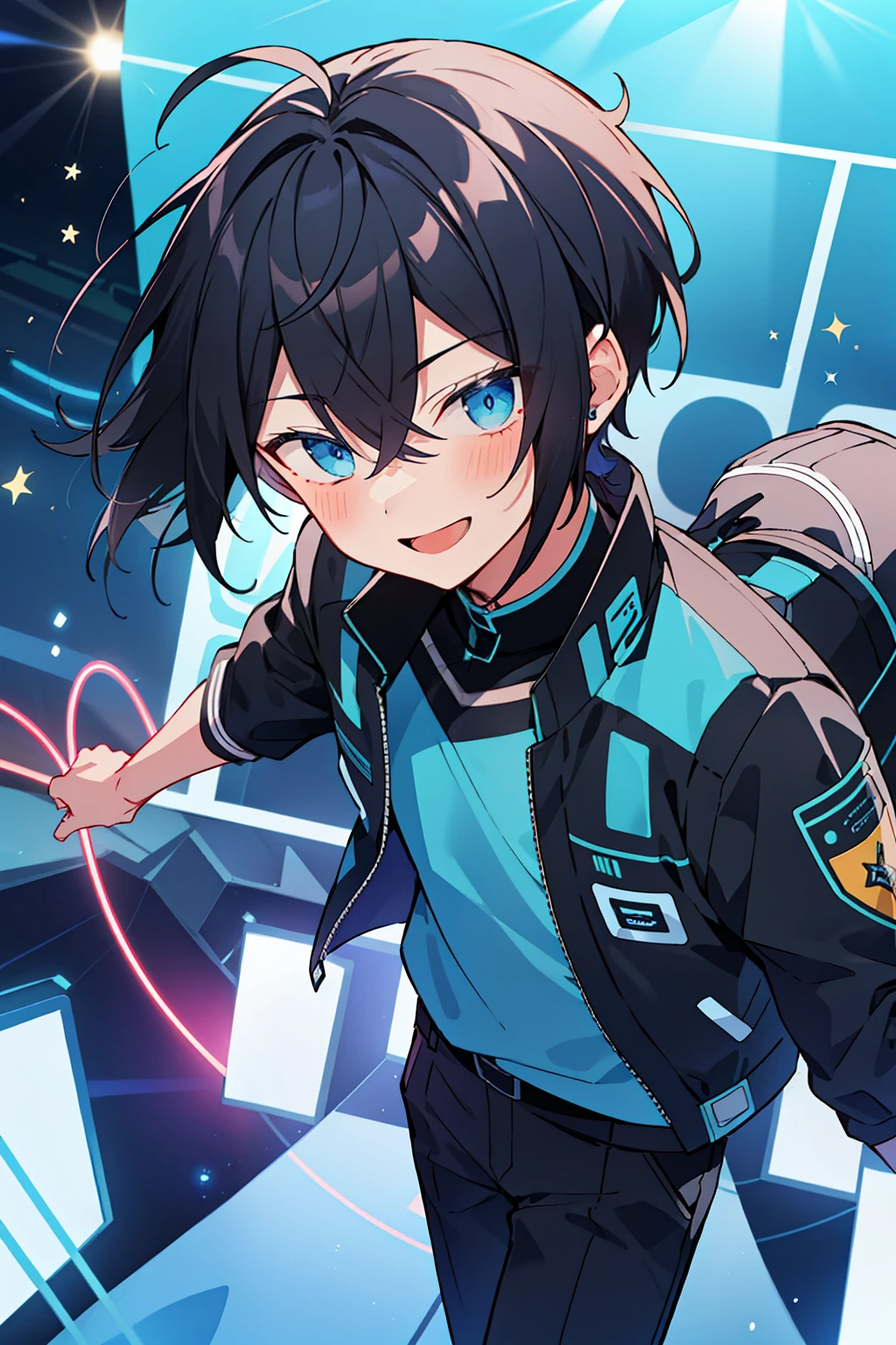 (high-quality, breathtaking),(expressive eyes, perfect face), 1boy, male, solo, young boy, dark blueish black hair with long side hair, low ponytail, blue eyes, smile, neon blue cyber outfit, pants, on stage, spotlight