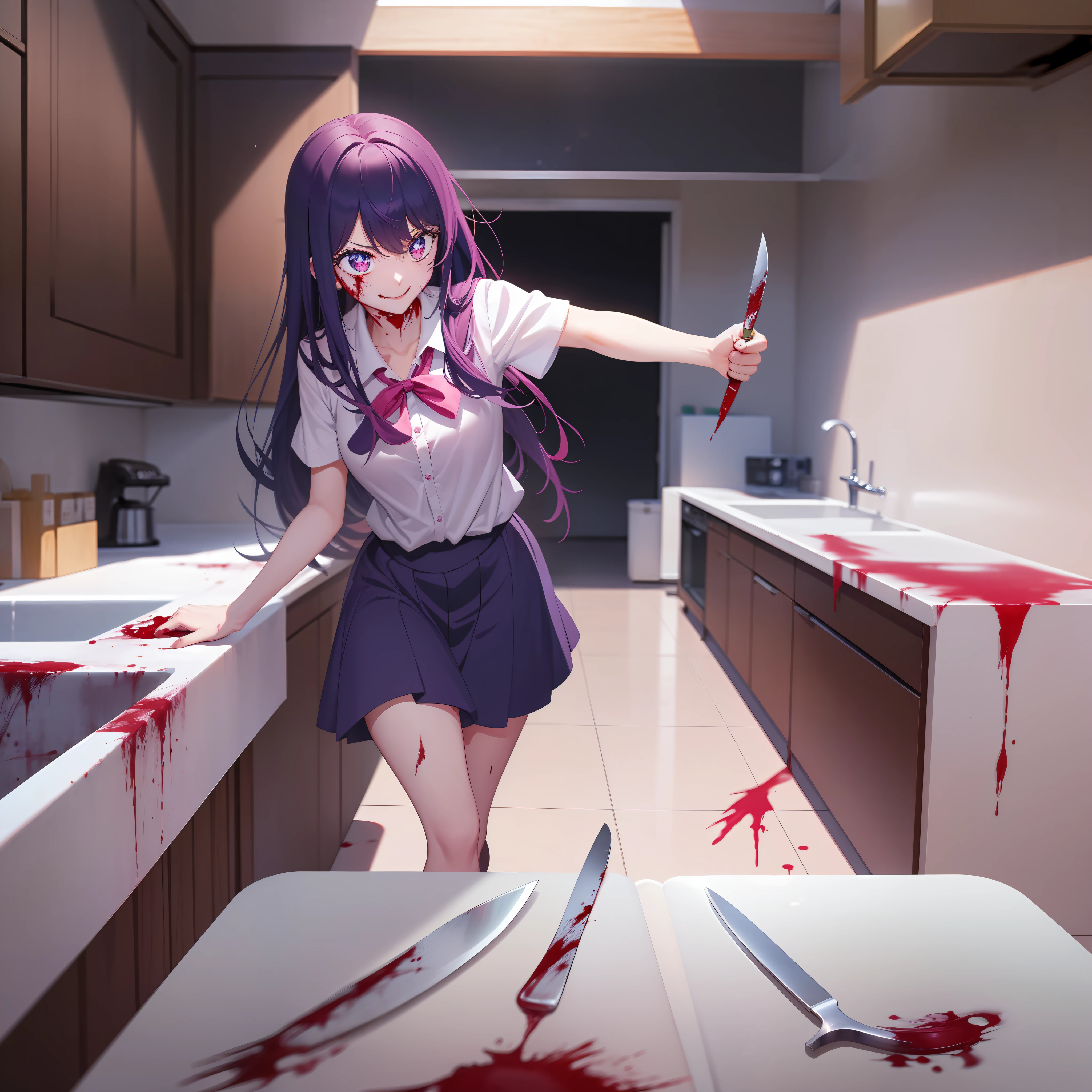 A beautiful girl snatching a knife and chasing her enemies、There is blood on her clothes and cutlery...、She seems to be chasing her enemies with a fearful smile、（Anime style）、