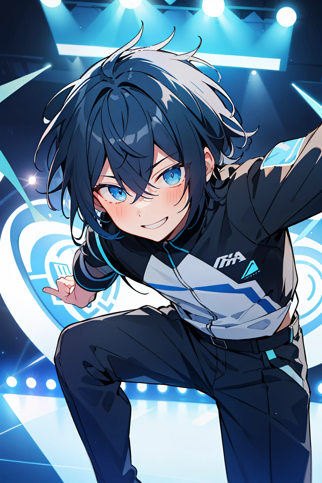 (high-quality, breathtaking),(expressive eyes, perfect face), 1boy, male, solo, young boy, dark blueish black hair with long side hair, blue eyes, smile, neon blue cyber outfit, pants, on stage, spotlight