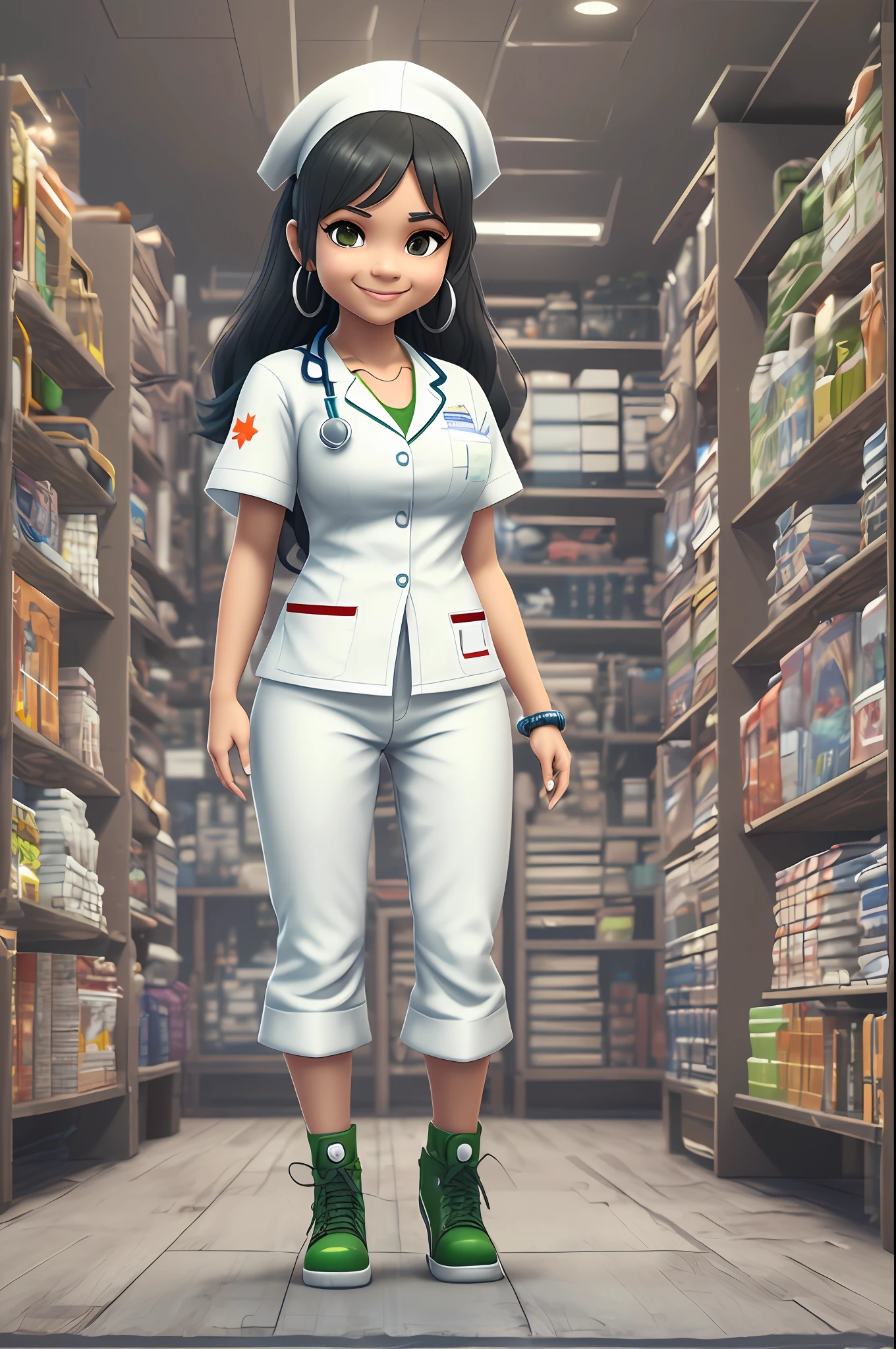 Imagem 3D de uma enfermeira mulata de corpo inteiro, De pé, com calças brancas rosto sorridente bonito, olhos castanhos, cabelo preto comprido, vestindo um uniforme de enfermeira branco com pequenos detalhes verdes e azuis em um estilo chibi e Disney, sem fundo, detalhado, Ultra alta definição, 8K, no estilo dos Megascans Quixel, Loja de digitalização 3D e jogos épicos