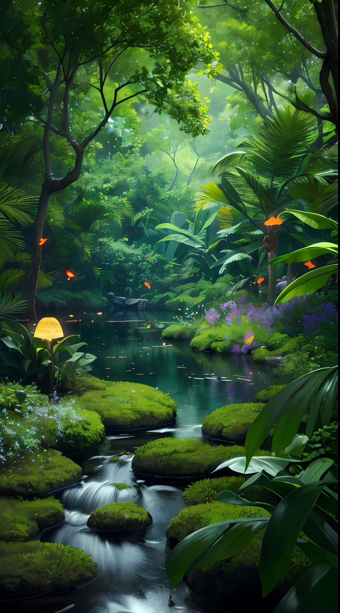 Masterpiece, highest quality, (highly detailed CG Unity 8K wallpaper), (highest quality), (best illustration), (best shadow), forest theme incorporating elements of nature. Surrounded by tall trees, quiet streams, glowing little mushrooms, delicate leaves and branches, glowing particle effect with fireflies, (natural elements), (jungle theme), (leaves), (branches), (fireflies), butterflies, (delicate leaves), (glow), (particle effects), isometric 3D, octane rendering, ray tracing, ultra detail