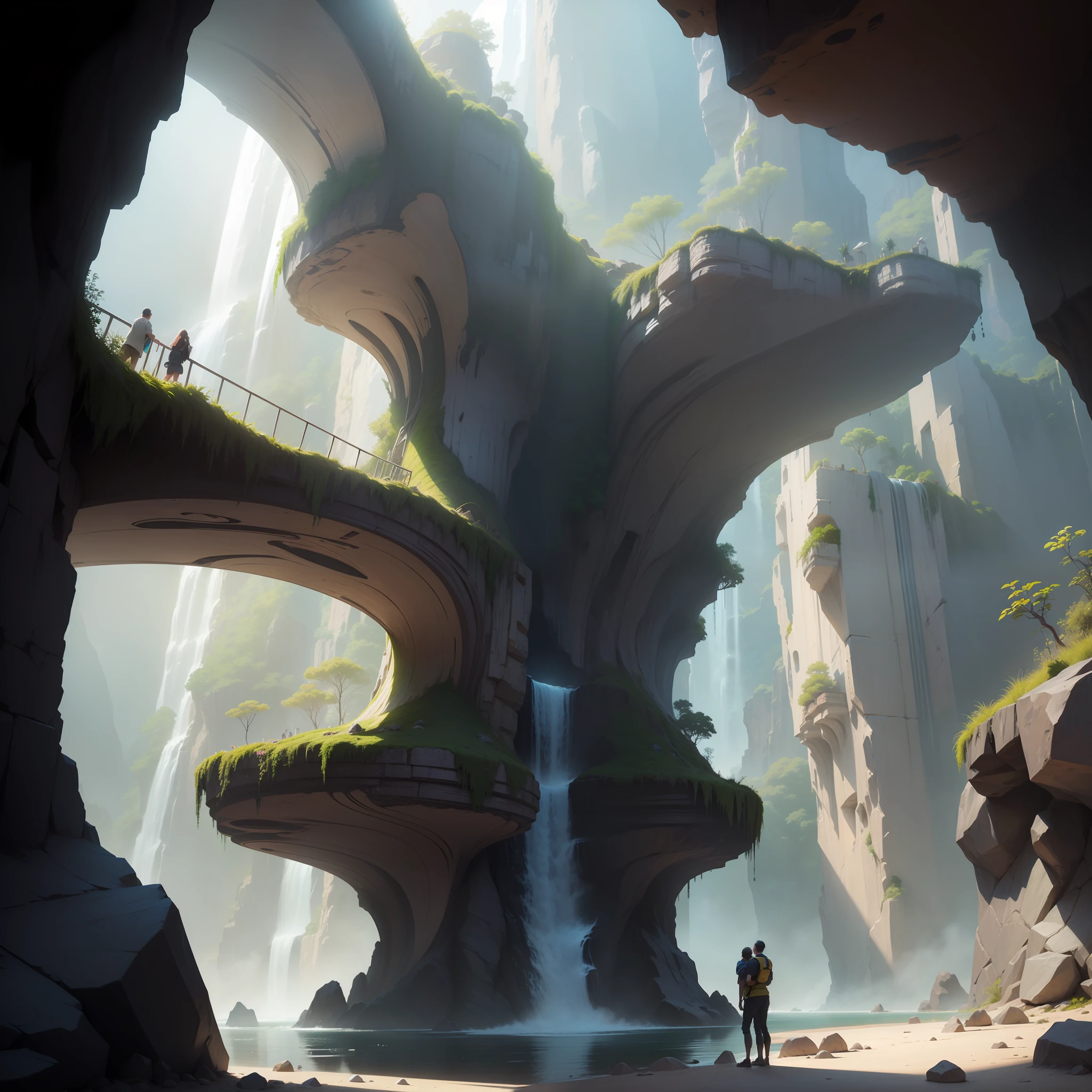 prompt:an awesome sunny cheerful day environment concept art of Futuristic design of cave architecture interiors concept art on grand Canyon caves nature architecture, proportional,detailed, cave architecture nature meets futuristic architecture on a rainforest jungle cliff with huge waterfalls,Crepuscular rays, nature meets modern architecture in the style of Aries Moross, Rem Koolhaas,Daniel Libeskind, Jean Nouvel, Paolo Soleri,Toyo Ito and Philip Johnson with Dry brush drawing style ,Chiaroscuro village,cliff side residential area, mixed development,nature architecture,bright colors,high rise made up staircases, balconies, full of glass facades,carved from rocks, masterpiece, proportional, detailed, trending on artstation, beautiful lighting, realistic, intricate, award