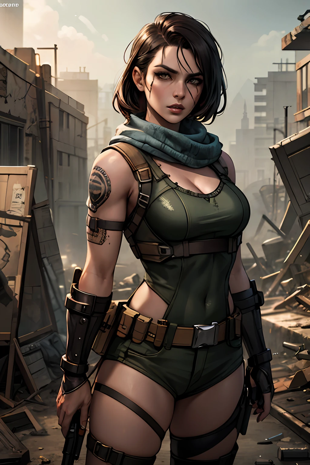 masterpiece, best quality, 8k, artstation, wallpaper, official art, splash art, sharp focus, beautiful woman, in post-apocalyptic wasteland. wearing survivor gear, (solo)