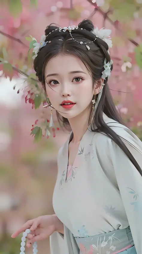a woman in a blue dress and a white headpiece standing under a tree, artwork in the style of guweiz, Palace ， a girl in hanfu, R...