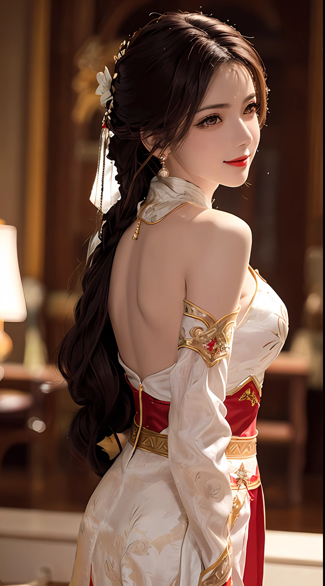 1 very pretty girl, walking alone, 27 years old, girl wearing a bridal gown, ao dai and hair jewelry, young girl wearing a white ao dai, red and yellow silk pants, red and white hugging ao dai, fabric long thin, wear with ao dai, luxurious and mysterious dark version, hair jewelry with many intricate patterns, head jewelry, red lips, thin and beautiful lips, charming smile that captivates viewers, fine details, detailed background, super detailed, magic lighting, beautiful lighting effects, clear face, shoulder length hair, beautiful and well-proportioned face, (transparent yellow eyes : 1.8), big round eyes and very beautiful and meticulous, wearing silk ao dai, mysterious makeup, jewelry on ao dai, bangs flat and dyed in light yellow, medium-sized, regular breasts, big buttocks, flat belly, curves perfect girl body, girl portrait, upper half, hanged, Real and alive, (star: 1.7), (zodiac sky: 1.8), fiction , RAW photo, Vietnam Ao Dai photo, photo most beautiful, 8k, best quality 8k photos, surreal, most realistic,