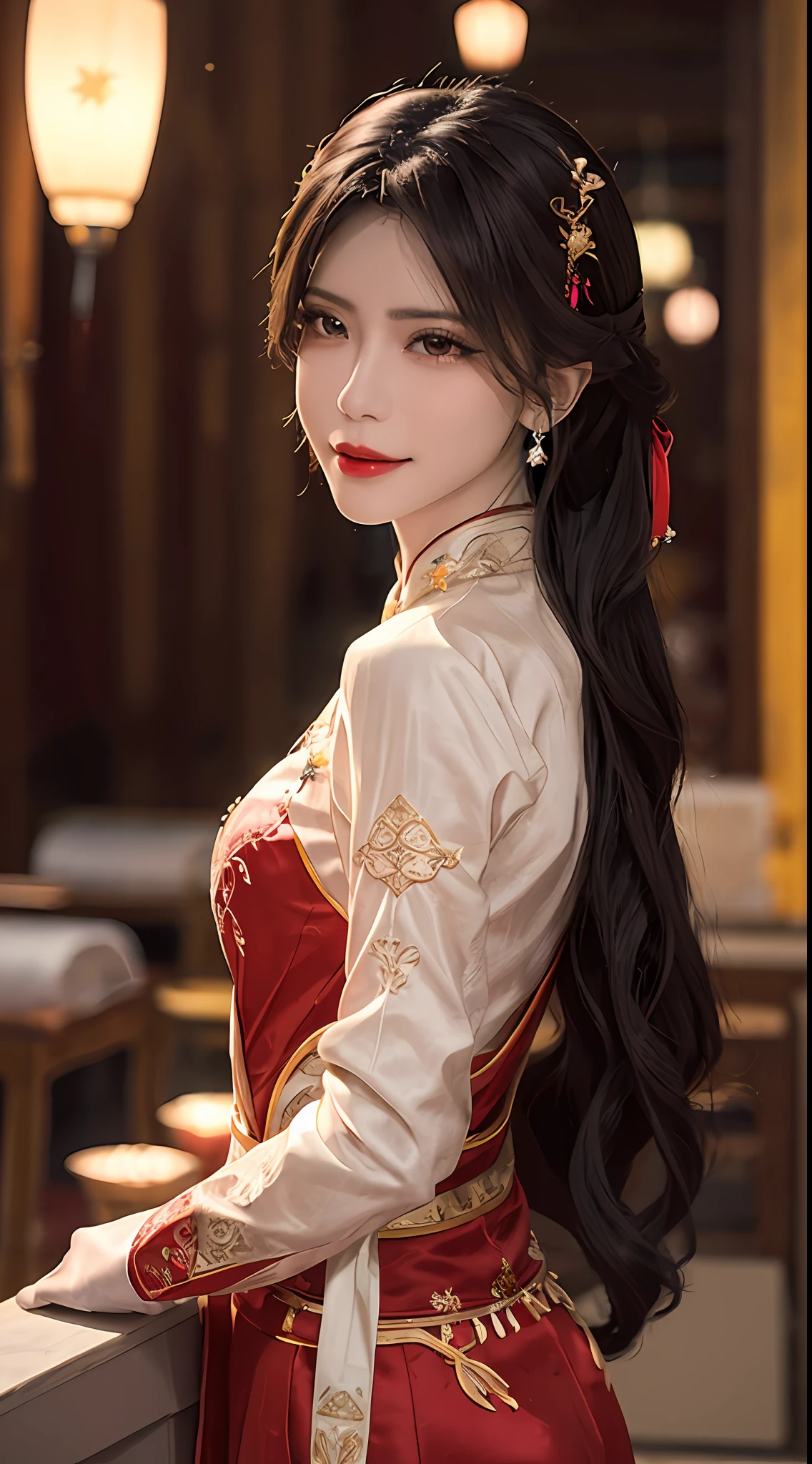 1 very pretty girl, walking alone, 27 years old, girl wearing a bridal gown, ao dai and hair jewelry, young girl wearing a white ao dai, red and yellow silk pants, red and white hugging ao dai, fabric long thin, wear with ao dai, luxurious and mysterious dark version, hair jewelry with many intricate patterns, head jewelry, red lips, thin and beautiful lips, charming smile that captivates viewers, fine details, detailed background, super detailed, magic lighting, beautiful lighting effects, clear face, shoulder length hair, beautiful and well-proportioned face, (transparent yellow eyes : 1.8), big round eyes and very beautiful and meticulous, wearing silk ao dai, mysterious makeup, jewelry on ao dai, bangs flat and dyed in light yellow, medium-sized, regular breasts, big buttocks, flat belly, curves perfect girl body, girl portrait, upper half, hanged, Real and alive, (star: 1.7), (zodiac sky: 1.8), fiction , RAW photo, Vietnam Ao Dai photo, photo most beautiful, 8k, best quality 8k photos, surreal, most realistic,