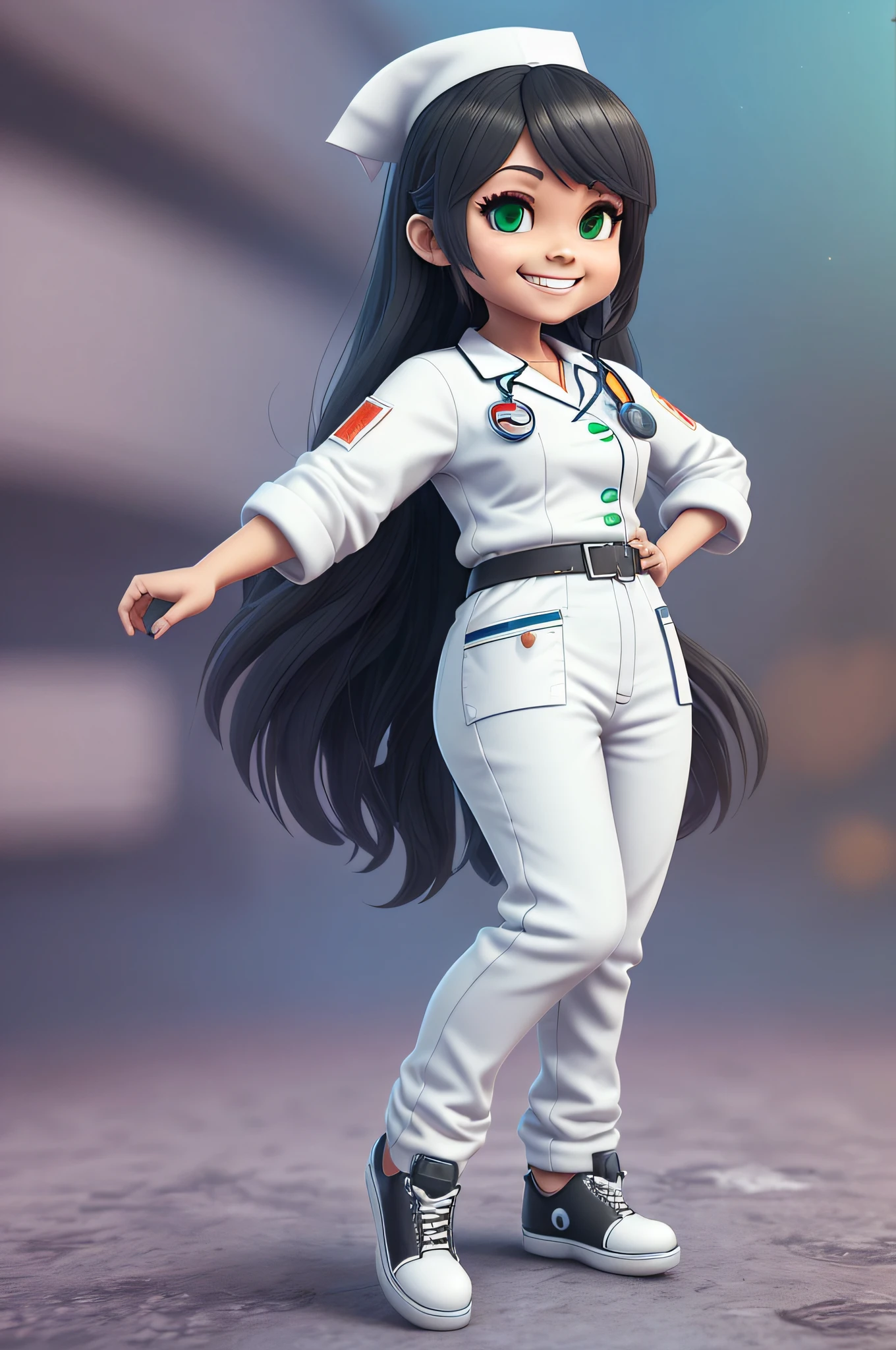 A 3D image of a full body mulatto nurse, standing up, with white pants cute smiling face, brown eyes, long black hair, wearing a white nurse uniform with small green and blue accents in a chibi and Disney style, no background, detailed, ultra high-definition, 8K, in the style of Quixel Megascans, 3D Scan Store and Epic Games