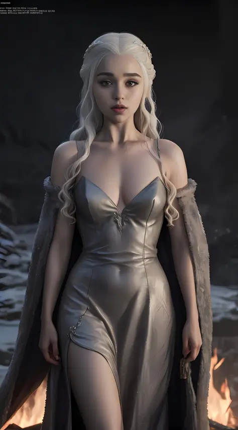 a woman in a silver dress standing in front of a fire, daenerys, daenerys targaryen, cinematic goddess body shot, from of thrones, fantasy photoshoot, cinematic goddess shot, style of game of thrones, cgsociety inspired, cinematic goddess close shot, queen...