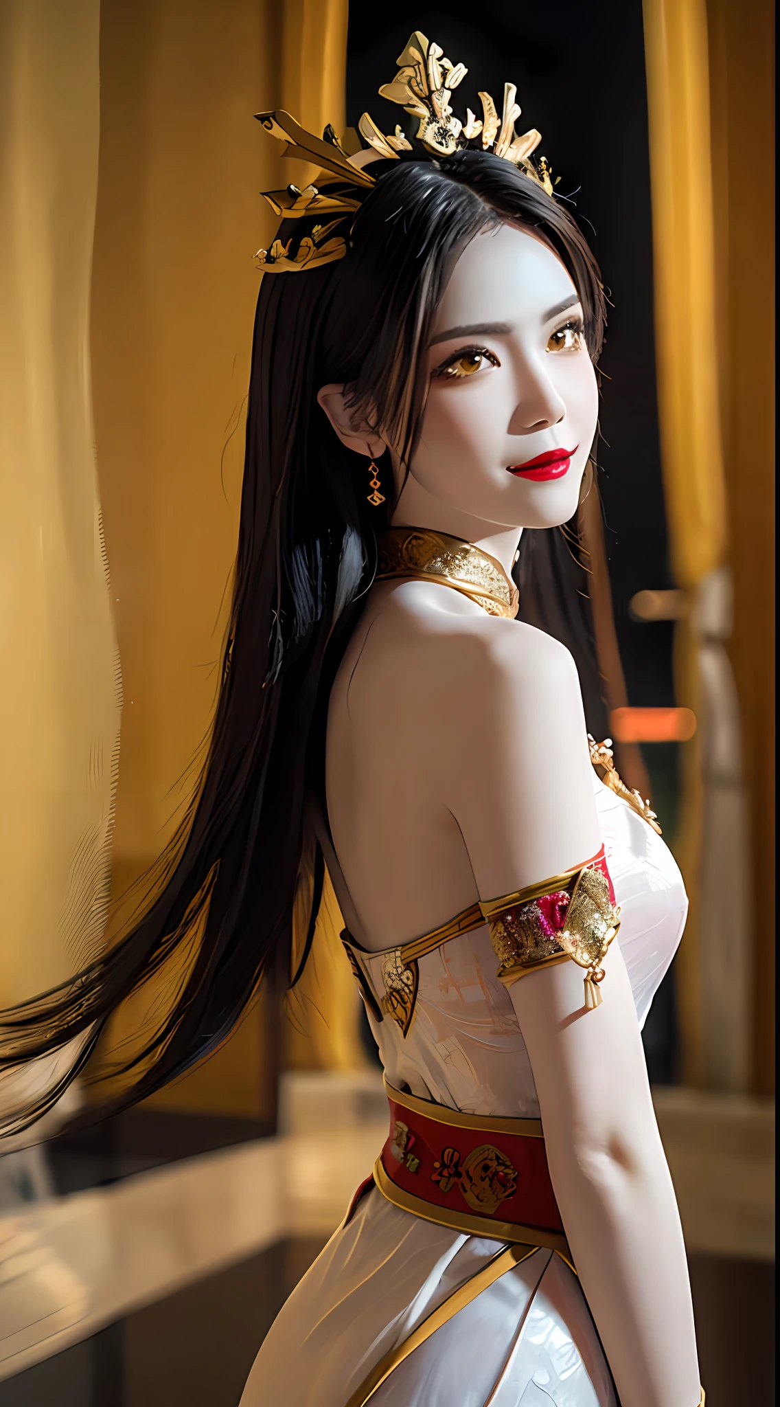 1 très jolie fille, marcher seul, 2, fille portant une robe de mariée, ao dai et bijoux de cheveux, jeune fille portant un ao dai blanc, pantalon en soie rouge et jaune, rouge et blanc étreignant ao dai, tissu long et fin, porter avec ao dai, version sombre luxueuse et mystérieuse, bijoux de cheveux avec de nombreux motifs complexes, bijoux de tête, lèvres rouges, lèvres fines et belles, sourire charmant qui captive les téléspectateurs, Détails fins, contexte détaillé, Super détaillé, Éclairage magique, De beaux effets de lumière, visage clair, cheveux mi-longs, Visage beau et bien proportionné, (yeux jaunes transparents : 1.8), grands yeux ronds et très beaux et minutieux, porter de la soie ao dai, maquillage mystérieux, bijoux sur ao dai, frange plate et teinte en jaune clair, de taille moyenne, seins réguliers, grosses fesses, ventre plat, courbes corps de fille parfait, portrait de fille, la moitié supérieure, Pendu, Réel et vivant, (étoile: 1.7), (ciel du zodiaque: 1.8), fiction , photo brute, Vietnam Ao Dai photo, photo la plus belle, 8k, photos 8k de la meilleure qualité, surréaliste, le plus réaliste,