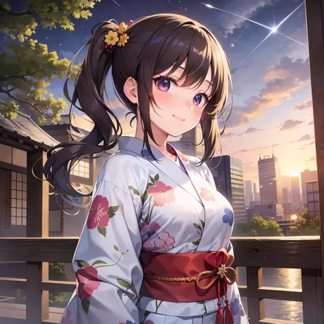 (master masterpiece、best-quality、with high resolution、Beautiful background:1.1)、(all body:1.1)、1girl、Japan girls、small  breasts、smilling face、blushed、yukata、Side ponytail、Japanese-style hair fastening、night sky、skyrocket、Dynamic angles、from below