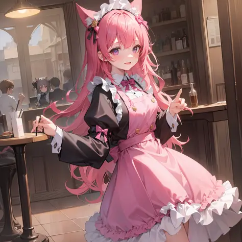 a girl in a pink waitress dress moves to the rhythm of music in a cozy café. he smiles and greets customers, while carrying thei...