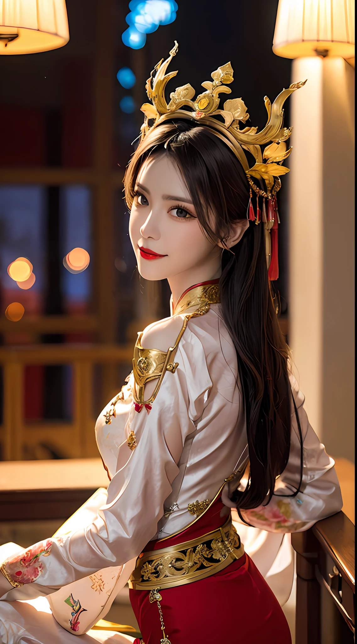 1 very pretty girl, walking alone, 27 years old, girl wearing a bridal gown, ao dai and hair jewelry, young girl wearing a white ao dai, red and yellow silk pants, red and white hugging ao dai, fabric long thin, wear with ao dai, luxurious and mysterious dark version, head crown, intricately patterned hair jewelry, head jewelry, red lips, thin and beautiful lips, charming smile makes viewers are fascinated, fine detail, detailed background, super detail, magic lighting, beautiful lighting effects, clear face, shoulder length hair, beautiful and well-proportioned face, (clear yellow eyes) transparent : 1.8), big round eyes and very beautiful and meticulous, wearing silk ao dai, mysterious makeup, jewelry on ao dai, bangs flat and dyed in light yellow, medium-sized, regular breasts, big butt, flat stomach, perfect girl body curve, girl portrait, top half, hanged, Real and alive, (stars: 1.7), (zodiac sky: 1.8), fiction, RAW, Vietnam Ao Dai photo, best photo, 8k, best quality 8k photo, surreal, most realistic, waiting to start