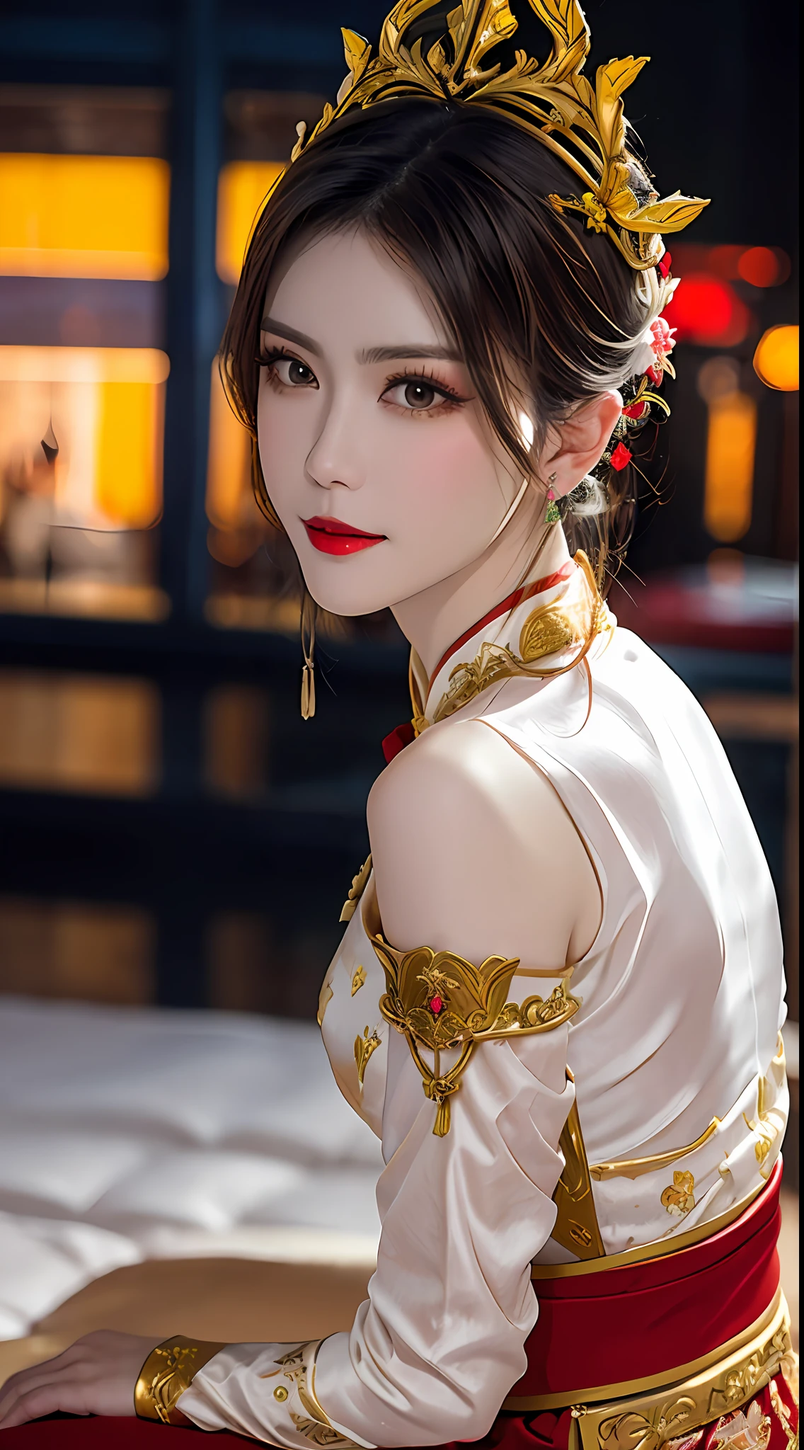 1 very pretty girl, walking alone, 27 years old, girl wearing a bridal gown, ao dai and hair jewelry, young girl wearing a white ao dai, red and yellow silk pants, red and white hugging ao dai, fabric long thin, wear with ao dai, luxurious and mysterious dark version, head crown, intricately patterned hair jewelry, head jewelry, red lips, thin and beautiful lips, charming smile makes viewers are fascinated, fine detail, detailed background, super detail, magic lighting, beautiful lighting effects, clear face, shoulder length hair, beautiful and well-proportioned face, (clear yellow eyes) transparent : 1.8), big round eyes and very beautiful and meticulous, wearing silk ao dai, mysterious makeup, jewelry on ao dai, bangs flat and dyed in light yellow, medium-sized, regular breasts, big butt, flat stomach, perfect girl body curve, girl portrait, top half, hanged, Real and alive, (stars: 1.7), (zodiac sky: 1.8), fiction, RAW, Vietnam Ao Dai photo, best photo, 8k, best quality 8k photo, surreal, most realistic, waiting to start