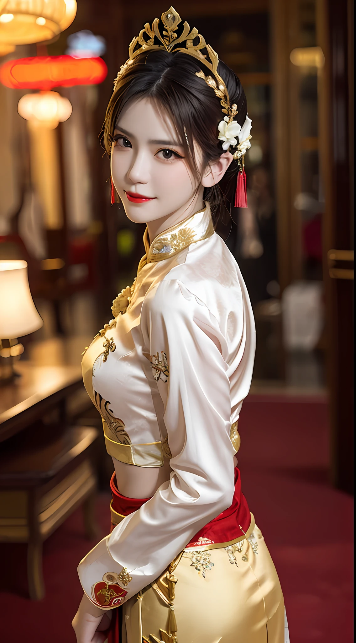 1 very pretty girl, walking alone, 27 years old, girl wearing a bridal gown, ao dai and hair jewelry, young girl wearing a white ao dai, red and yellow silk pants, red and white hugging ao dai, fabric long thin, wear with ao dai, luxurious and mysterious dark version, head crown, intricately patterned hair jewelry, head jewelry, red lips, thin and beautiful lips, charming smile makes viewers are fascinated, fine detail, detailed background, super detail, magic lighting, beautiful lighting effects, clear face, shoulder length hair, beautiful and well-proportioned face, (clear yellow eyes) transparent : 1.8), big round eyes and very beautiful and meticulous, wearing silk ao dai, mysterious makeup, jewelry on ao dai, bangs flat and dyed in light yellow, medium-sized, regular breasts, big butt, flat stomach, perfect girl body curve, girl portrait, top half, hanged, Real and alive, (stars: 1.7), (zodiac sky: 1.8), fiction, RAW, Vietnam Ao Dai photo, best photo, 8k, best quality 8k photo, surreal, most realistic, waiting to start