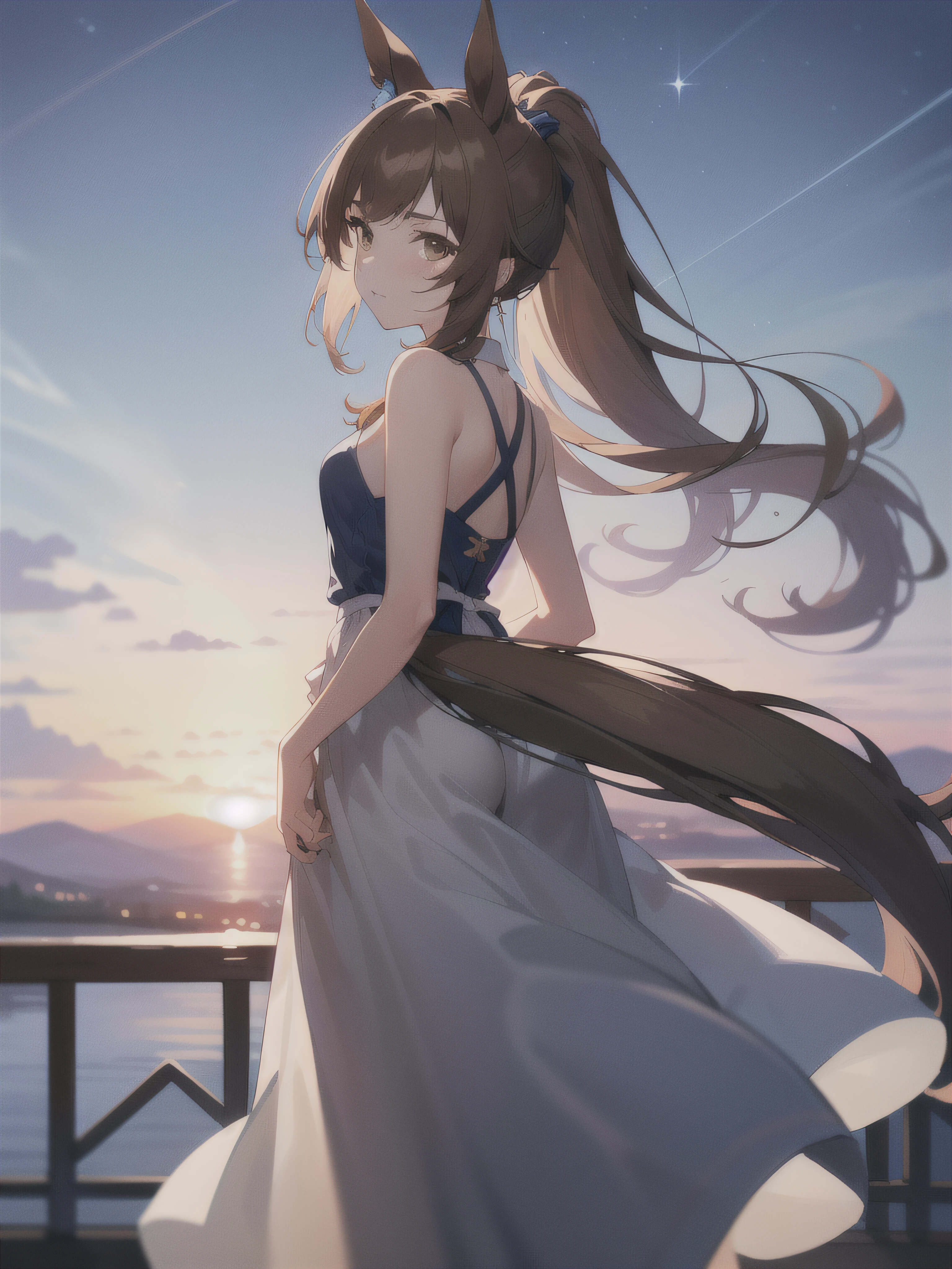 1girle, sunset, star sky,brown eye,1girle,long brown hair, Brown eyes, Master Masterpiece, sthe highest qualit, Uma Musume(Admire Vega), Pony tail,a ponytail,Grated hair, solo,,Natural lighting,VHS,Picturesque,(detailed  face:1.2),showcase,(Perfect eyes:1.1),Horse ears,Eared,tail,The tail is growing,solo,(long dress),(long hair)