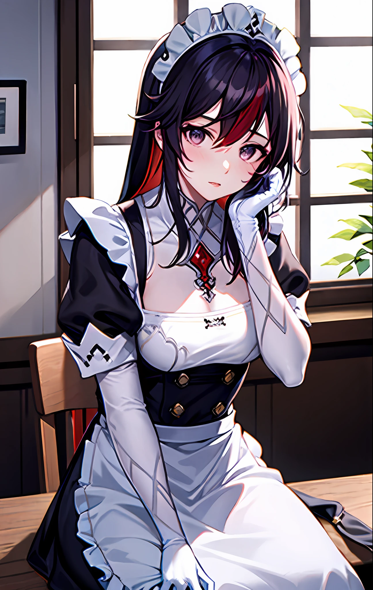 Rosaria, genshin impact, 1girl, apron, black_dress, blurry, blurry_background, blurry_foreground, blush, breasts, depth_of_field, dress, eyebrows_visible_through_hair, frills, gloves, hair_between_eyes, hand_on_own_cheek, hand_on_own_face, head_rest, indoors, jewelry, juliet_sleeves, long_sleeves, looking_at_viewer, maid, maid_apron, maid_headdress, puffy_sleeves, sitting, solo, white_apron, window,