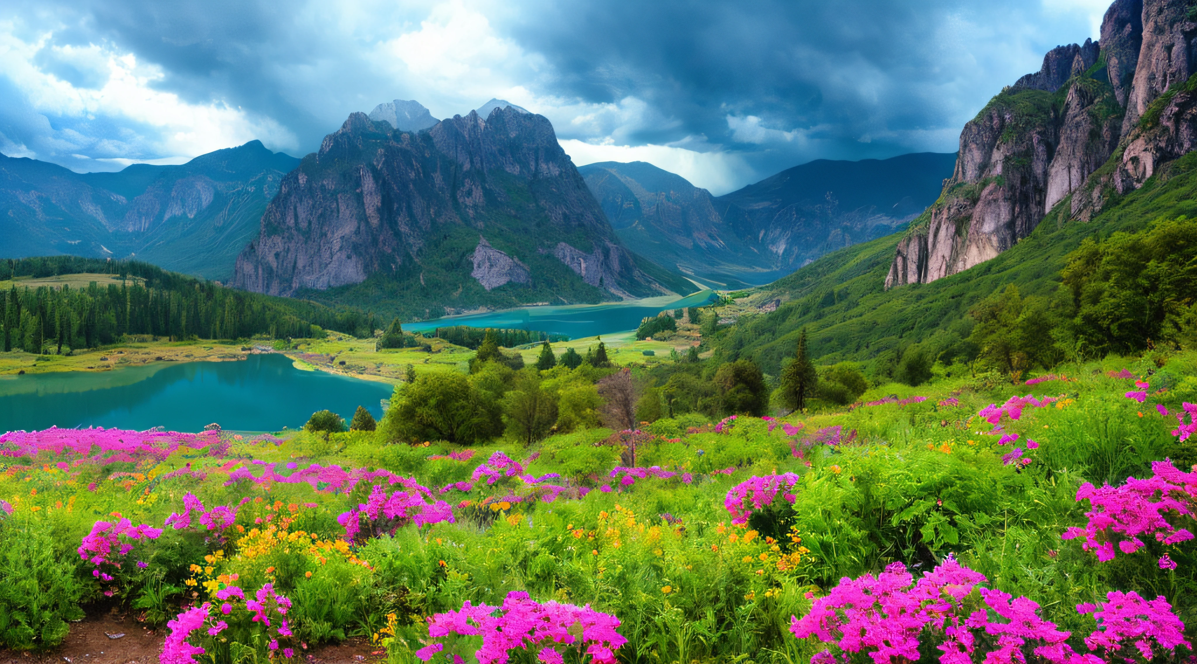 magical,  landscape, mysterious, luminous, dreary, complex, bloom, dreary. expansive, Magnificent, god rays, storm, lightning, mountains, valley, boulders, trees, flowers, lake