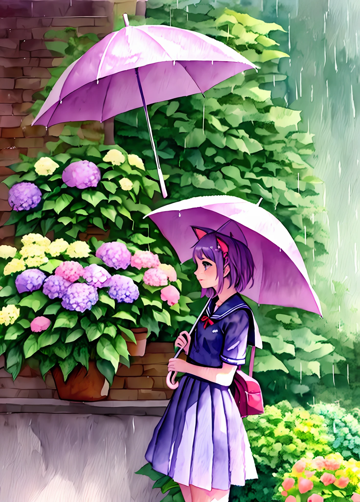 Ein Mädchen High School Schüler mit Katzenohren und eine süße Atmosphäre ist in einem Aquarell dargestellt. Das Gemälde zeigt einen regnerischen Tag, ein bunter Regenschirm, und eine lila Hortensie. Die Farbgebung ist pastellfarben.((seifuku))