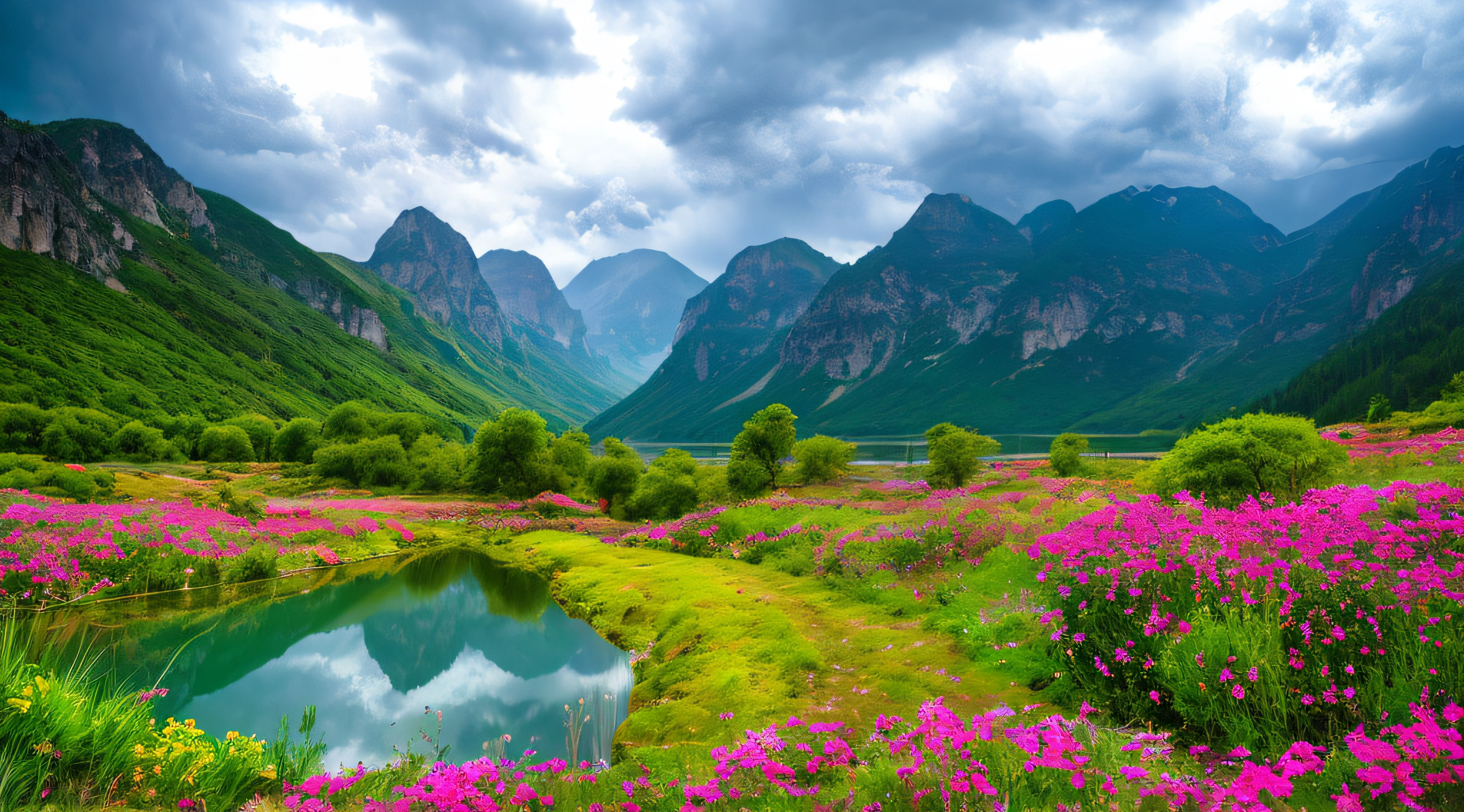 magical,  landscape, mysterious, luminous, dreary, complex, bloom, dreary. expansive, Magnificent, god rays, storm, lightning, mountains, valley, boulders, trees, flowers, lake