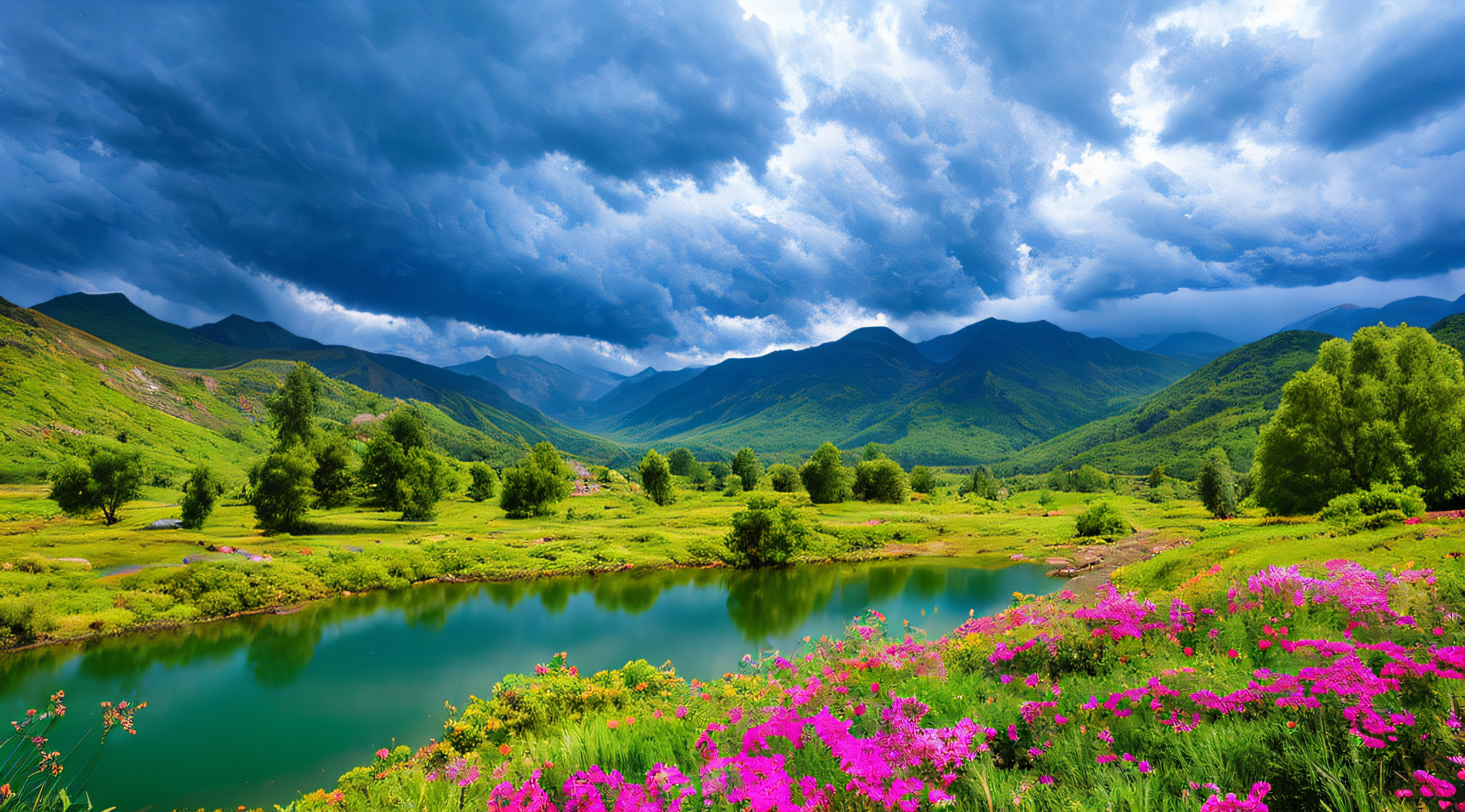 magical,  landscape, mysterious, luminous, dreary, complex, bloom, dreary. expansive, Magnificent, god rays, storm, lightning, mountains, valley, boulders, trees, flowers, lake