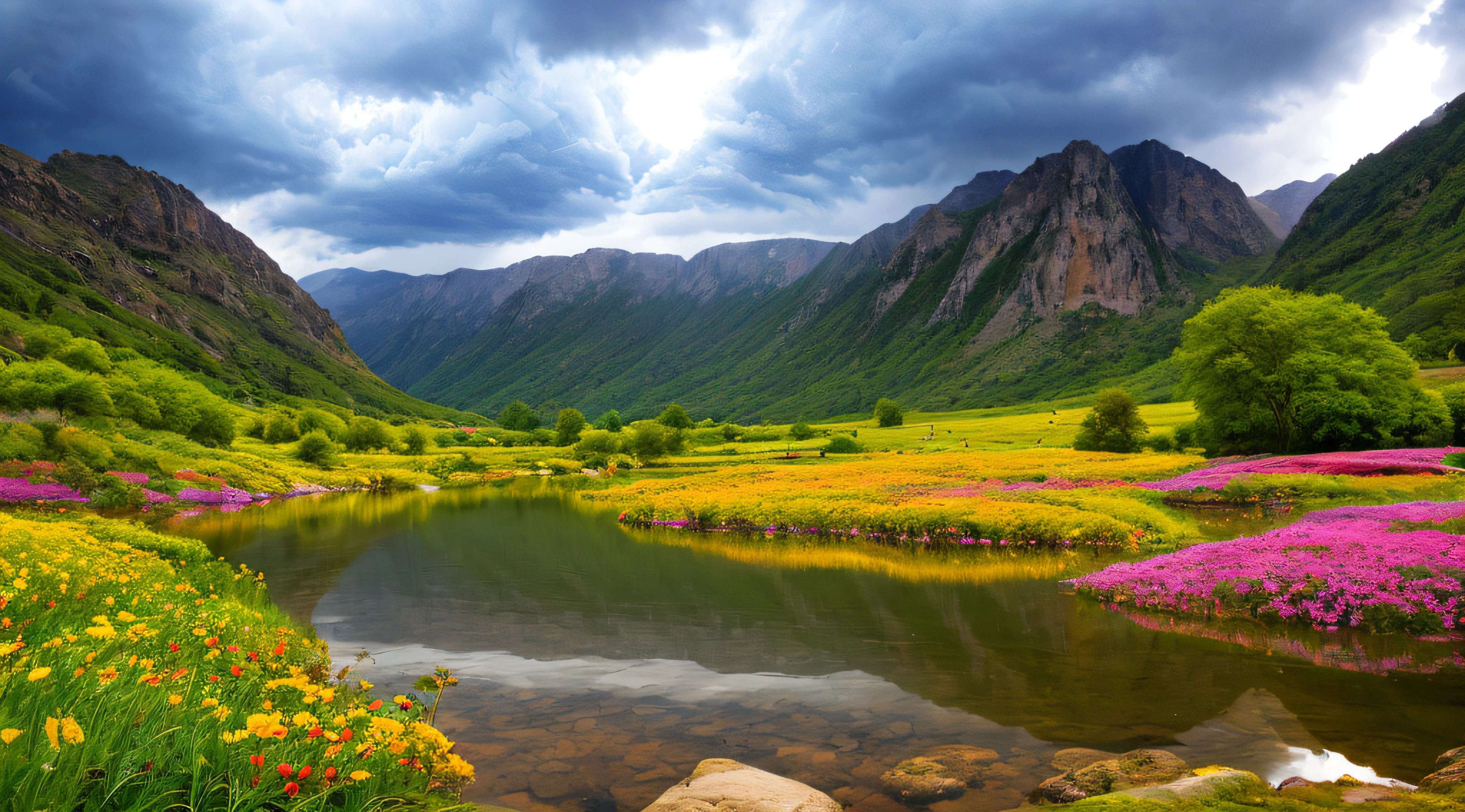 magical,  landscape, mysterious, luminous, dreary, complex, bloom, dreary. expansive, Magnificent, god rays, storm, lightning, mountains, valley, boulders, trees, flowers, lake