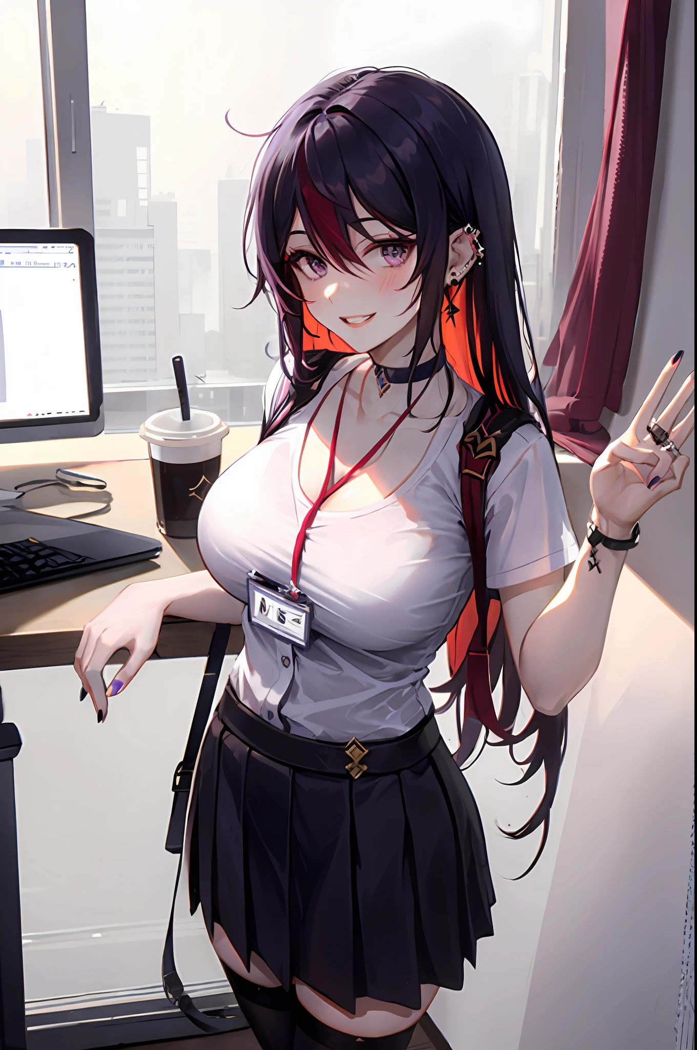 Rosaria, genshin impact, 1girl, solo, ((white shirt)), black thighhighs, breasts, cleavage, uniform, office background, black skirt, pleated skirt, office, hair between eyes, messy hair, large breasts, looking at viewer, choker, pierce, ear piercing, lip piercing, purple short nails, purple eyes, solo, thighhighs, thighs, very long hair, ((masterpiece)), standing, chair, desk, computer on desk, name tag, id tag, indoor, blush, smile, show teeth, sexy pose,