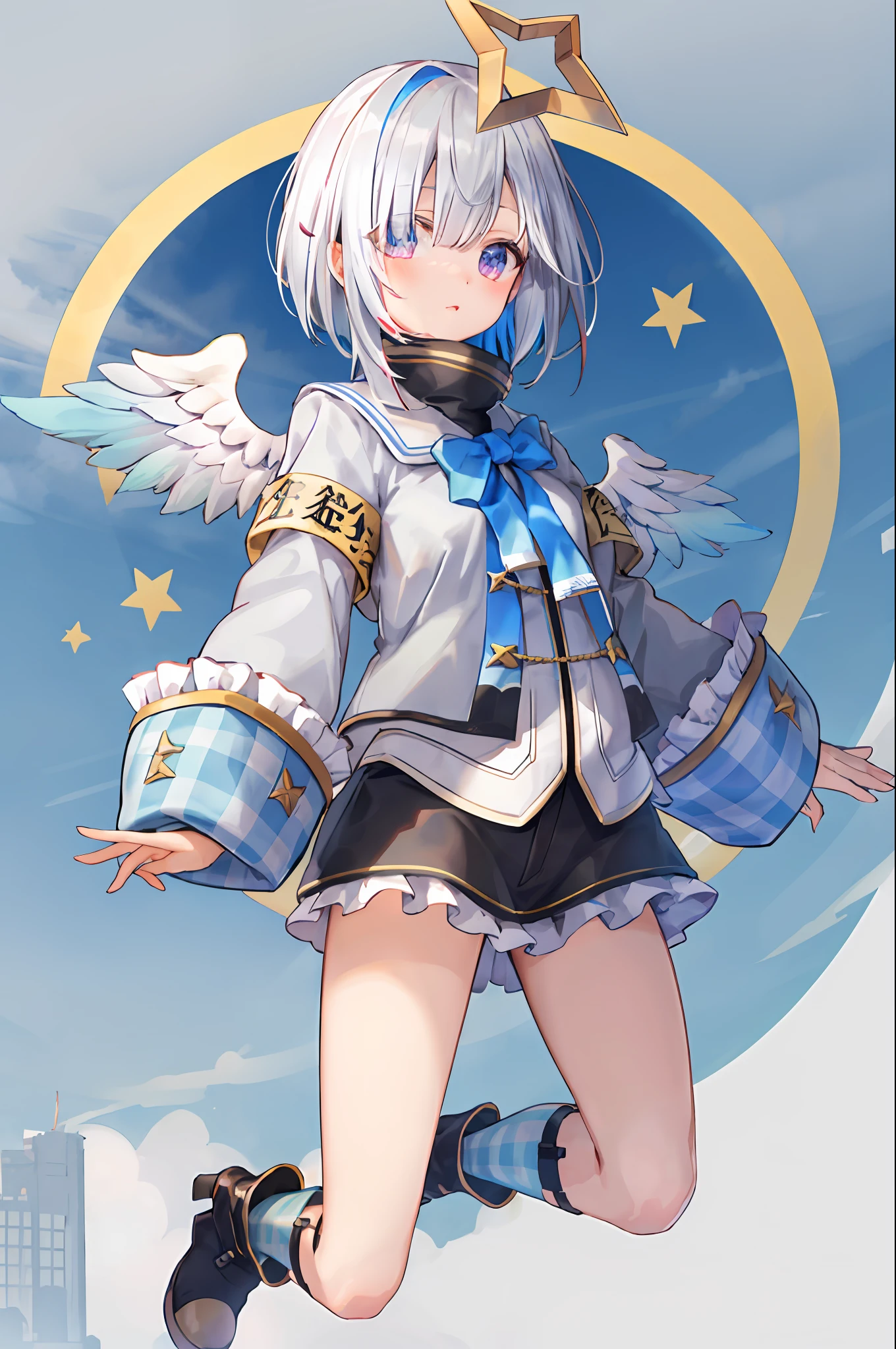 beste Qualität, highres, 1 Mädchen, Amane Kanata, star Heiligenschein, virtual youtuber, Allein, wings, Heiligenschein, Filzflügel, angel, angel wings, mehrfarbige Haare, gefärbtes Innenhaar, asymmetrisches Haar, Einzelhaaraufnahme, lila Augen, armband, kurze Haare Haare, Blaue Haare, weißes Haar, Stiefel, Socken, lange Ärmel, gray Jacke, Rock, Bob-Frisur, Jacke, Gestreiftes Haar, bangs, Rüschen, schwarze Schuhe, weite Ärmel, weiße Flügel, mini wings, black Rock, ein Haar Augen, frilled Rock, blue Socken, Ärmel über dem Handgelenk, Rollkragenkleid, short Rock, mini Rock, blaue Flügel, Denim-Linse