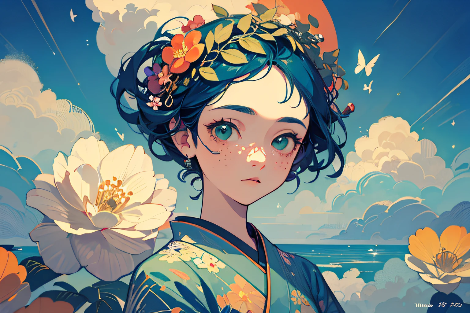 ((Masterpiece)), ((Ultra Detailed)), ((Best Quality)), Beautiful Detailed Eyes, Detailed Face, Best Lighting, Best Shadows, 1 Girl, Solo, ((Classic Disney Style, Edge Lighting, Flat 2D Style, Disney 2D)), ((The main colors are orange and green)), Huge flowers, (Girl inside the flowers:1.5), Cloud Island, Cloud Paradise, World Made of Clouds, Freckles, Cold Nose, (((Plant))), Fluttering Bubbles, Japanese Inspiration, (highly detailed), vortex effect,