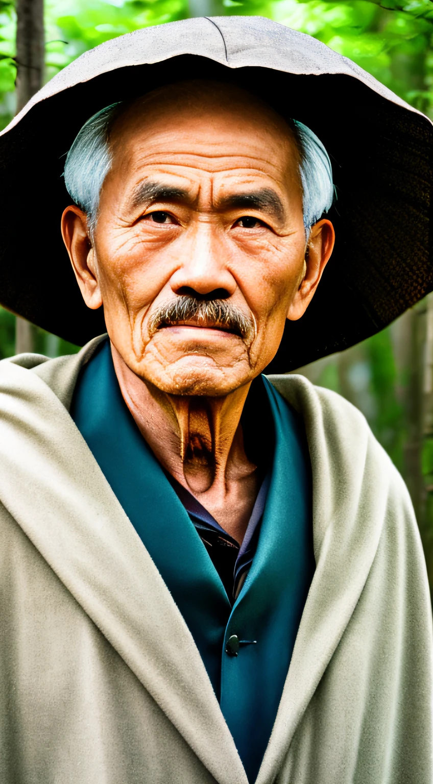 Portrait photography style, world masterpiece, super unique high professional digital art, film format, hyper-realism, color cinematography with ultra-fine details and quality, background is deep in the forest, an old man in rural China, an old man with wisdom. He wears an old cloak and his eyes are kind and shrewd. His body is upright, his skin has been blackened and powerful by the sun and rain, and the wrinkles are fixed on the corners of his mouth and forehead, which makes it seem that his years have precipitated. Although wearing a dark gown, although simple in appearance, it exudes sublime wisdom and a sense of tenacity of strength.