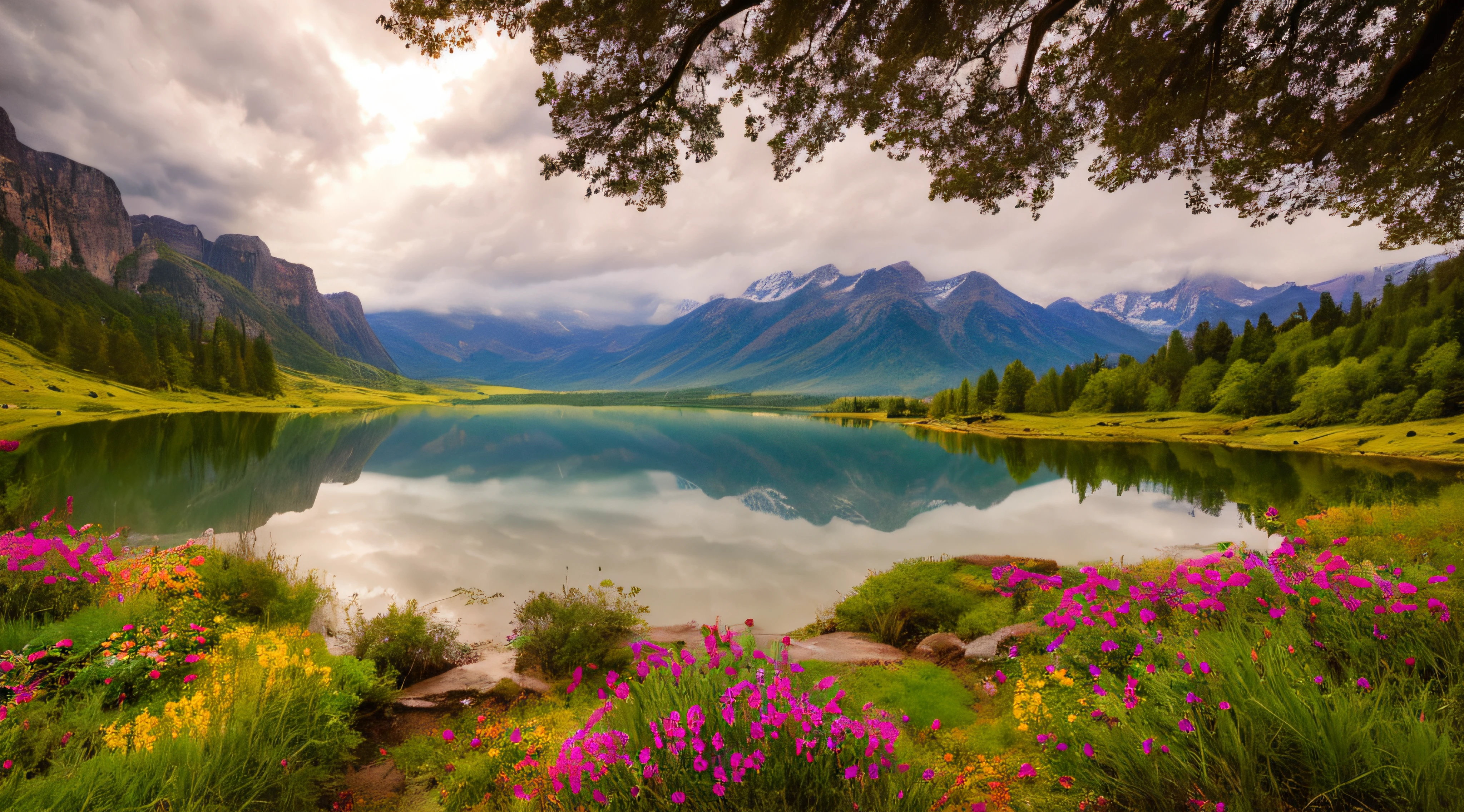 magical,  landscape, mysterious, luminous, dreary, complex, bloom, dreary. expansive, Magnificent, god rays, storm, lightning, mountains, valley, boulders, trees, flowers, lake