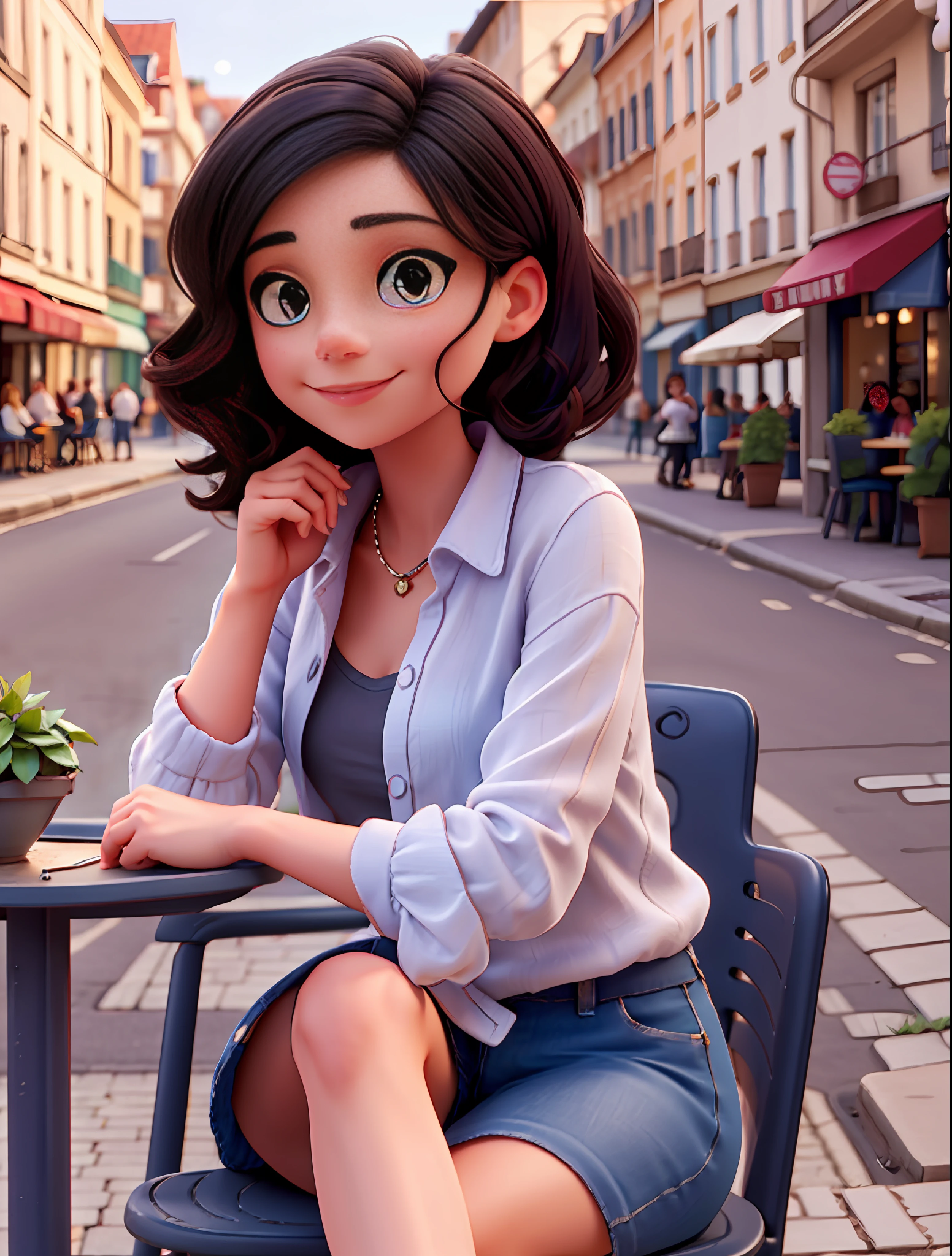 Gorgeous French female sitting and having coffee outside on the side of the street at a little cafe, beautiful face, short black hair with blue eyes and heavy eye shadow, wearing beautiful and eligant clothing, great fashion style, looking at you with loving eyes and a soft smile, background is a European downtown city, blurred background, shallow depth of field, cinematic light, soft light, backlit, micro-details, photorealism, photorealistic, cinematic, 85mm 1.4
