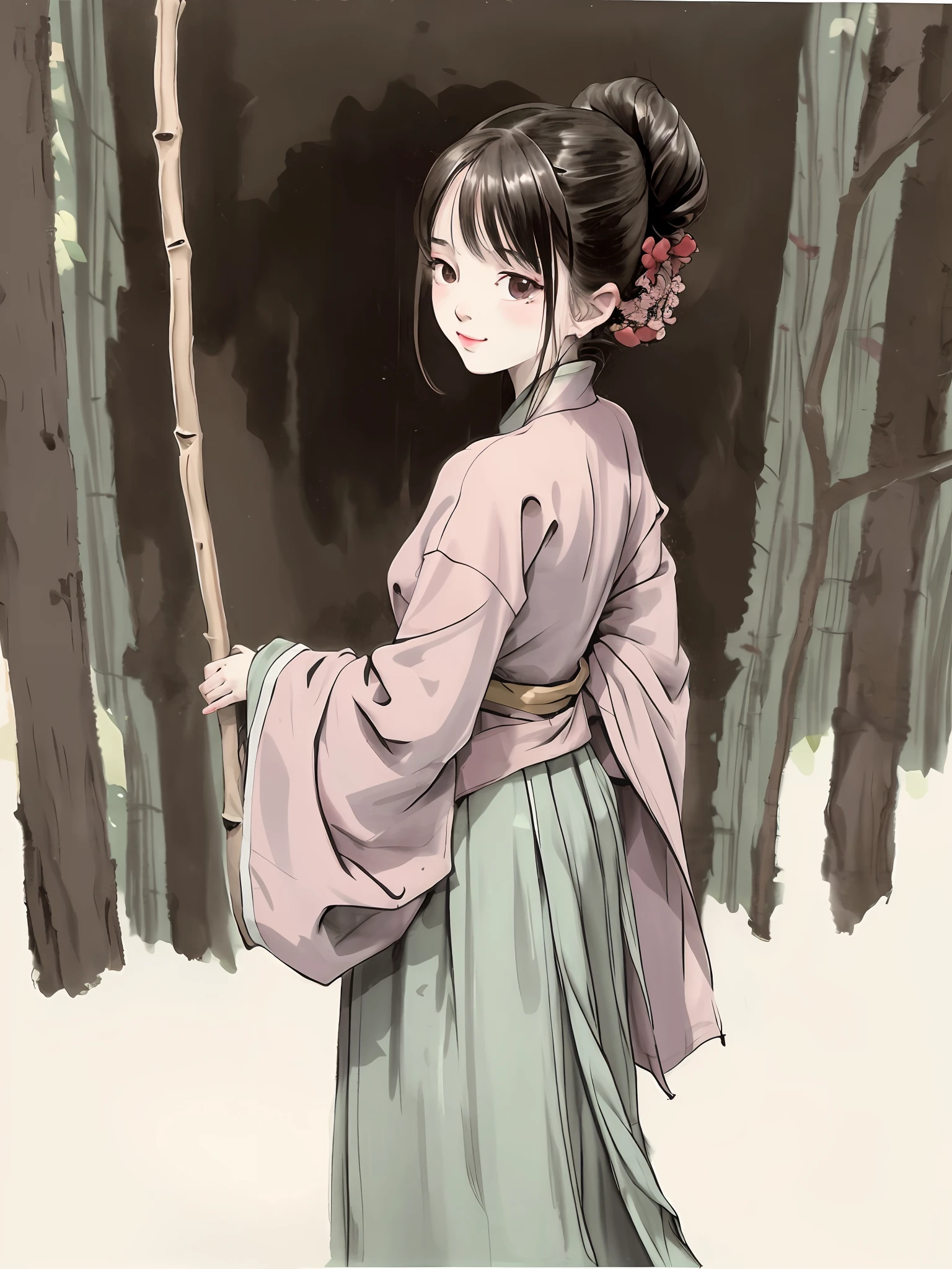 (Obra maestra, mejor calidad: 1.2), pintura tradicional china en tinta, 1 mujer, De pie, mirando hacia atrás, hanfu, rama de sauce, (sonriente), mirando al espectador,