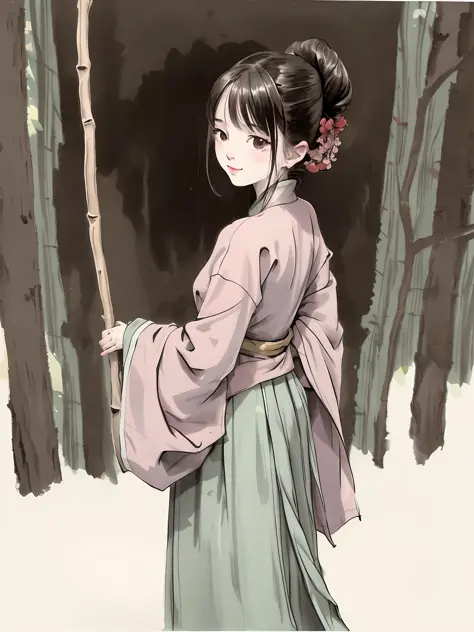 (Masterpiece, best quality: 1.2), traditional Chinese ink painting, 1 woman, standing, looking back, hanfu, willow branch, (smil...