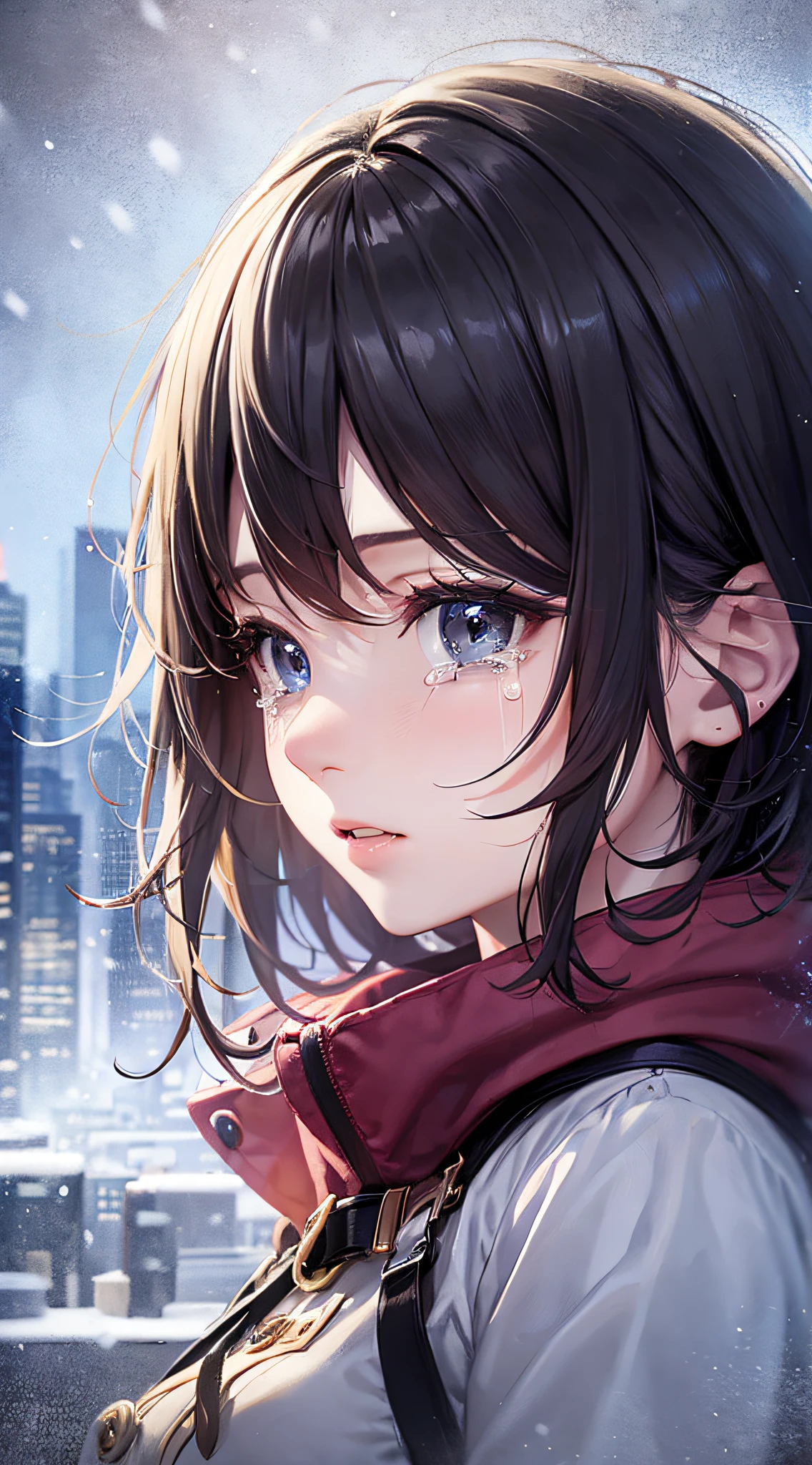 Master Masterpiece、maximum quality、Very delicate、Beautiful girl looking up at the sky、貧乳1.5、Black hair short hair、Crying face、Snowy city、night、winter、Duffel coat、profile