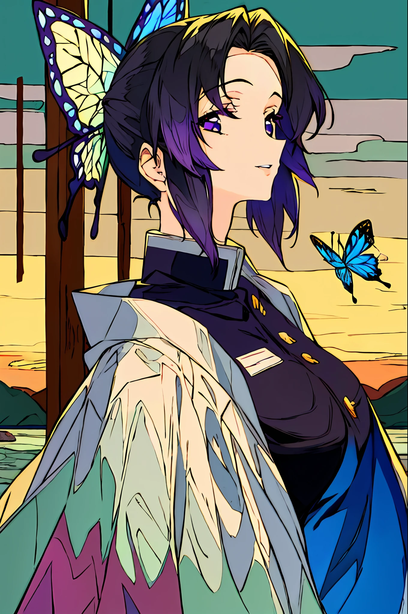Masterpiece, best_quality, Super Detail,flat_color, limited_palette, high_contrast, (Ligne Clair),(1 Girl:1.2),Solo, kochou_shinobu, multicolored_hair, hair_intakes, purple_eyes, Forehead, black_shirt, upper_ body, landscape, (smile:0.5), real, realistic_lips, shiny_hair, shiny_skin, big breasts, riverside, swimsuit,