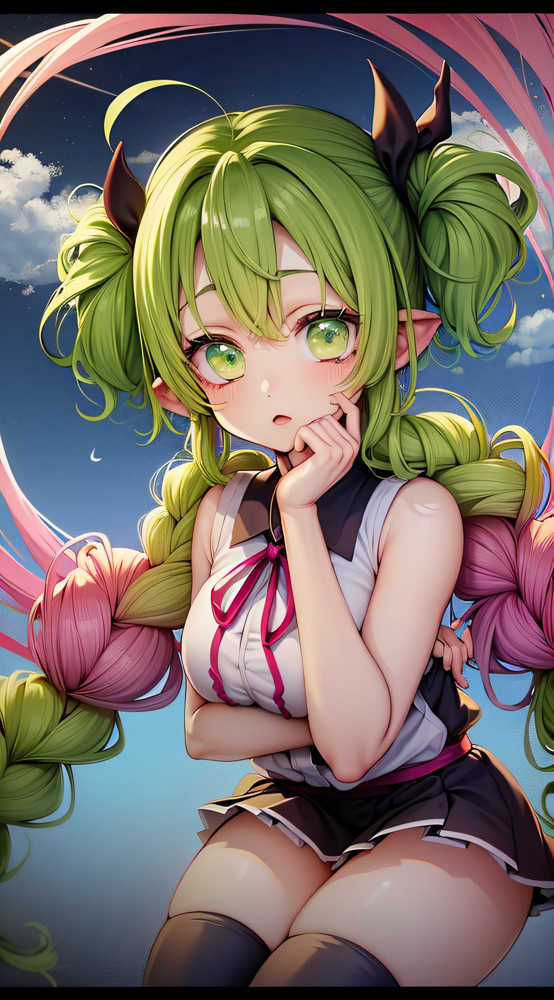 big woman holding a sword, showing crotch, (Hair Pink and green), (big eyes, lime green color), paints under eyes, (kanroji_mitsuri), wearing white haori, transparent black skirt,(sexy, female character demon killer mitsuri kanroji, mitsuri), woman, cute, girls, Portraits,realistic anime girl, pose showing panties, lifting skirt, exposing panties