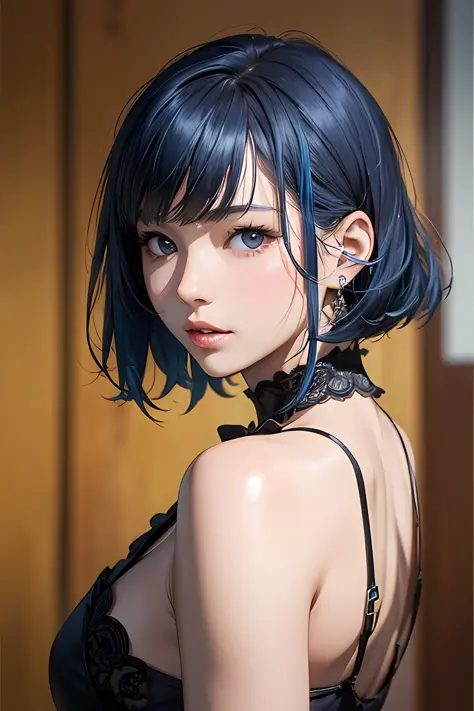 (Master peace、maximum quality、with high resolution、photo-realistic)、Silky skin、Lighting adapted to photography、Finely sculpted faces、the woman、Blue hair、bob cut、Strong perm、a ponytail、Fat body
