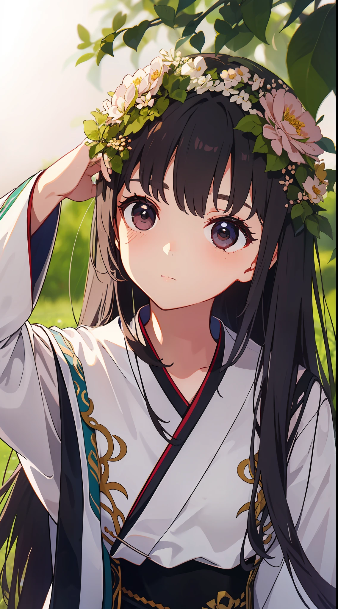 Um close-up mostra uma linda garota Hanfu usando uma coroa de flores. Seus longos cabelos fluíam para baixo, e seu lindo rosto mostrava um charme fofo. Quando movemos nosso olhar para baixo, vimos que o cabelo dela aos poucos se transformou em flores e plantas, formando uma imagem em harmonia com a natureza circundante. --AR 2：3 --v 5