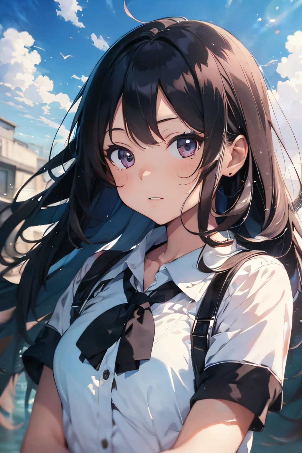 (exceptional, best aesthetic, new, newest, best quality, masterpiece, extremely detailed, anime, waifu:1.2), a pretty woman, longhair, black hair, , watercolor, summer, date