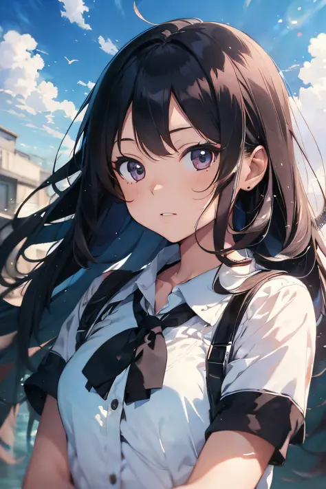 (exceptional, best aesthetic, new, newest, best quality, masterpiece, extremely detailed, anime, waifu:1.2), a pretty woman, longhair, black hair, schoolgirl, watercolor, summer, date