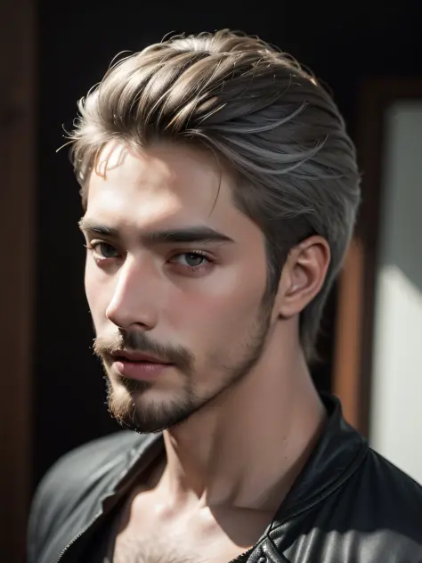 Best quality, masterpiece, ultra high res, (photorealistic:1.4), raw photo, young handsome male, facial hair, silver hair
