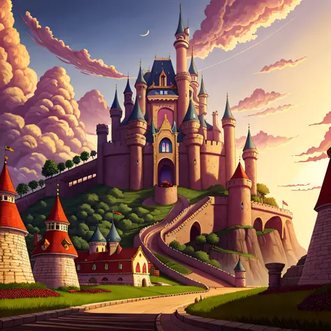 ((best quality)), ((masterpiece)), ((realistic)), fantasy kingdom, castle, citadel, landscape, wide shot, illustration, highly detailed, sharp focus, digital render, professional, 4k, artstation