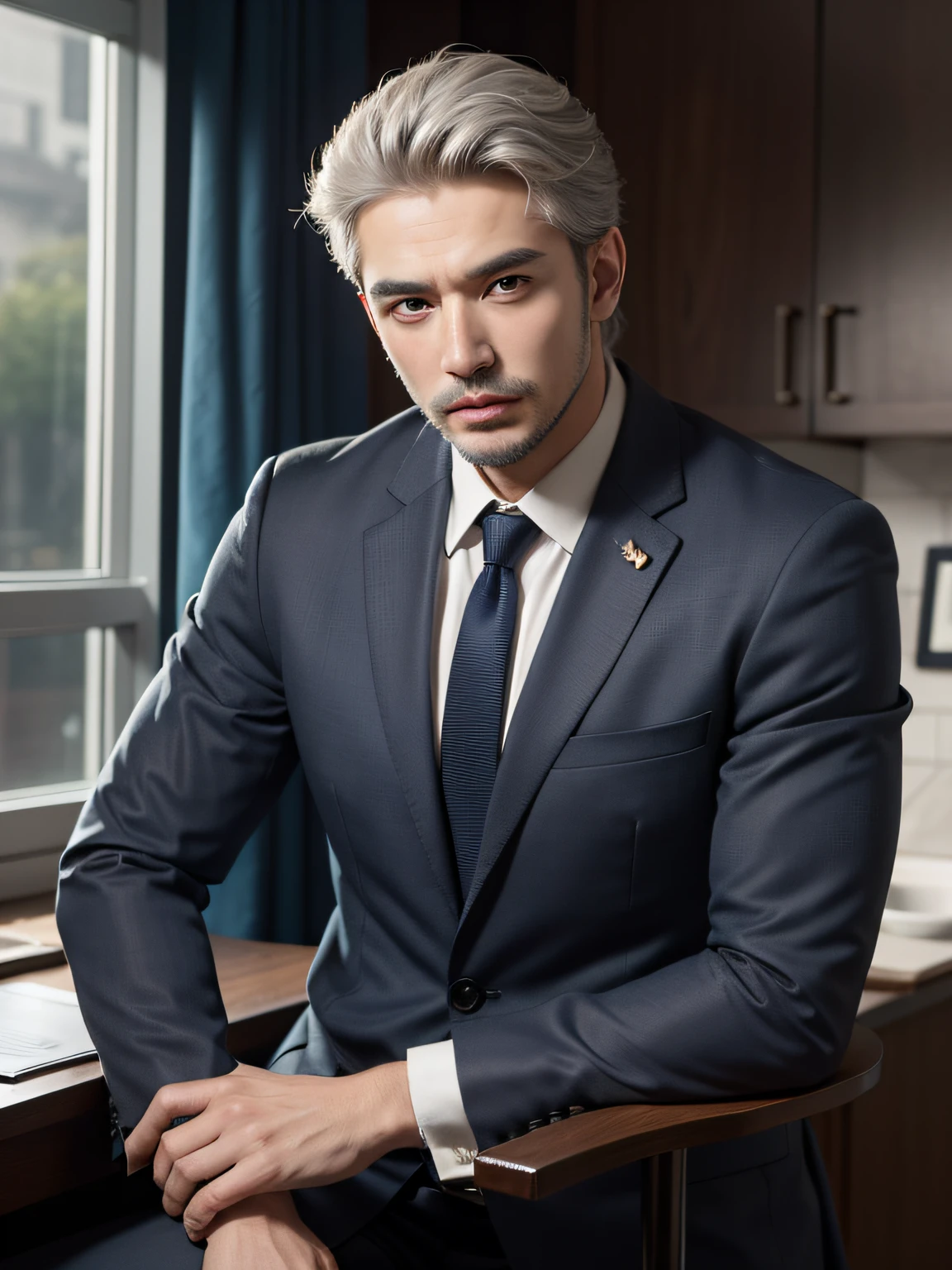 best qality，Jeizuo，super high resolution，（fidelity：1.4），Original photo，Handsome uncle，Facial hair，of silver hair，Business suit